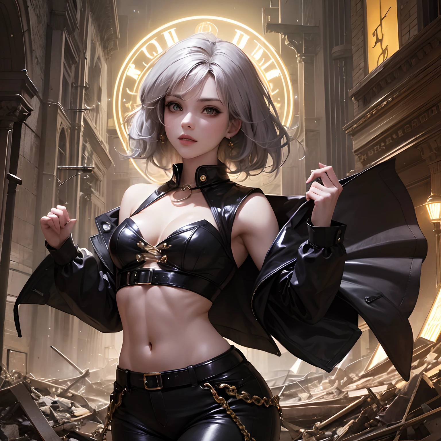 finest image, portrait, detailed and delicate depiction, a female warrior wearing a long black leather coat, sexy, beautiful, cute, abs, slender, amorous expression, lewd expression, light silver glossy braided bangs short hair, light blue sparkling big eyes, double eyelids, background Northern Renaissance style, galaxy, midnight city, ruins, piles of rubble, puddles, rainbow and gold neon light many lines, iridescent, magic circle, fantasy, professional lighting