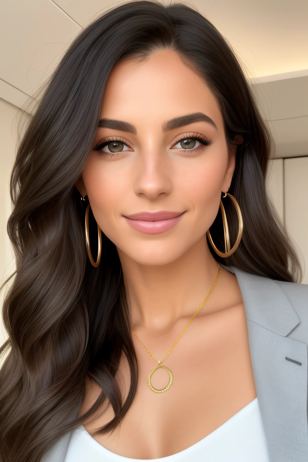 A hyper-realistic portrait of a 28-year-old woman with a harmonious blend of Mexican and European features. Her skin is a dark olive tone, glowing and flawless, with detailed face textures such as freckles across the bridge of her nose and subtle laugh lines. Striking almond-shaped green eyes convey depth and wisdom, with intricate details like visible eye veins and natural eyelash variation. Luscious dark brown hair cascades down her back in soft waves, with individual strands visible, detail in every hair. Her high cheekbones and full lips are rendered with meticulous attention to detail, capturing the natural shadows and highlights of the face. Her expression is confident and serene, with slightly parted lips hinting at a smile. She wears a simple yet elegant black blazer with cleavage. A delicate gold chain necklace with a small emerald pendant rests on her collarbone, and her ears wear small, simple gold hoop earrings. The overall image should exude an aura of strength, grace, and realism, with every feature and accessory rendered with precision and depth. Make the backdrop a serene sunset over a calm ocean. The sky is painted in hues of orange, pink, and purple, reflecting slightly on the water. A few distant silhouettes of birds can be seen flying back to their nests in a luxurious private yacht cruising smoothly over the water. The yacht's deck is adorned with soft ambient lighting, enhancing the sunset's glow.