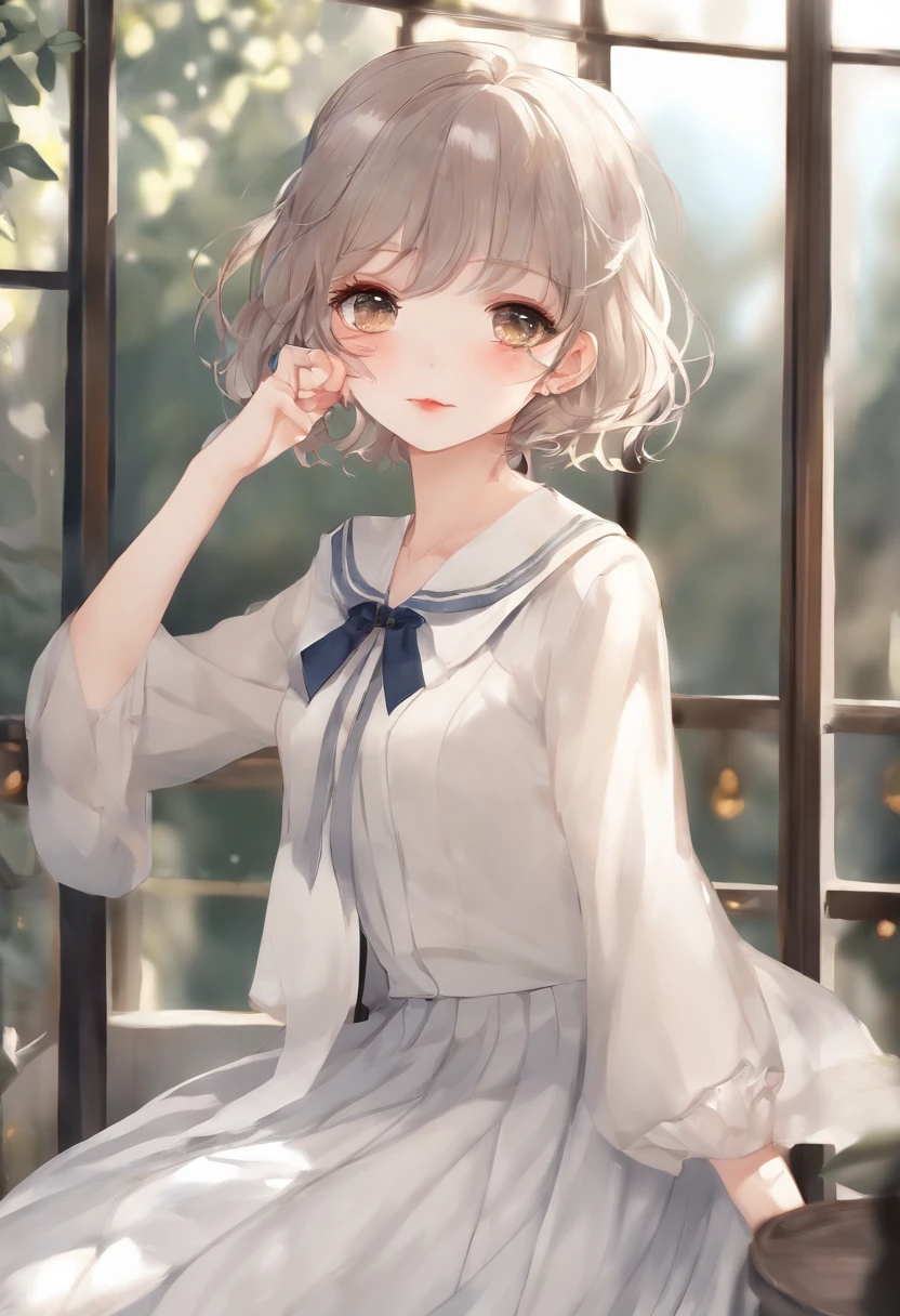 Crystal Texture Hair、A dark-haired、short-haired、extremely delicate CG,Crystal brilliance、Beautiful and delicate glass hair、hands as clear as jewels、Crystal Texture Skin、lens、f lare、light leaks、Detailed and beautiful dark blue school uniform、masutepiece、Best Quality、ultra-detailliert、Illustration、Lori、disheveled hair、独奏、girl with、Red ribbons、Dynamic Angle、floating、Beautiful detailed sunset、Beautiful and delicate eyes、Overexposure、Ido blunt bangs, hairs between eyes, macaroons, Pleated skirt, Detailed sailor suit,solofocus,Iridescence and rainbow hair:2.5,detailed cute anime face}、watercolor paiting、Golden eyes、
