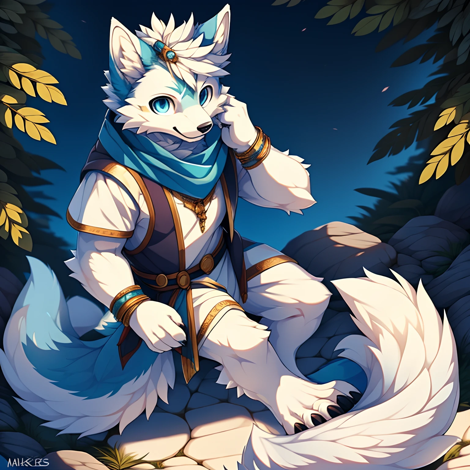 Furry，shaggy，White fur，male people，canid，arctic fox，solo person，sharp talons，White fur， blue colored eyes，Fluffy tail，nakeness，ultra - detailed：1.0，Wear a blue scarf