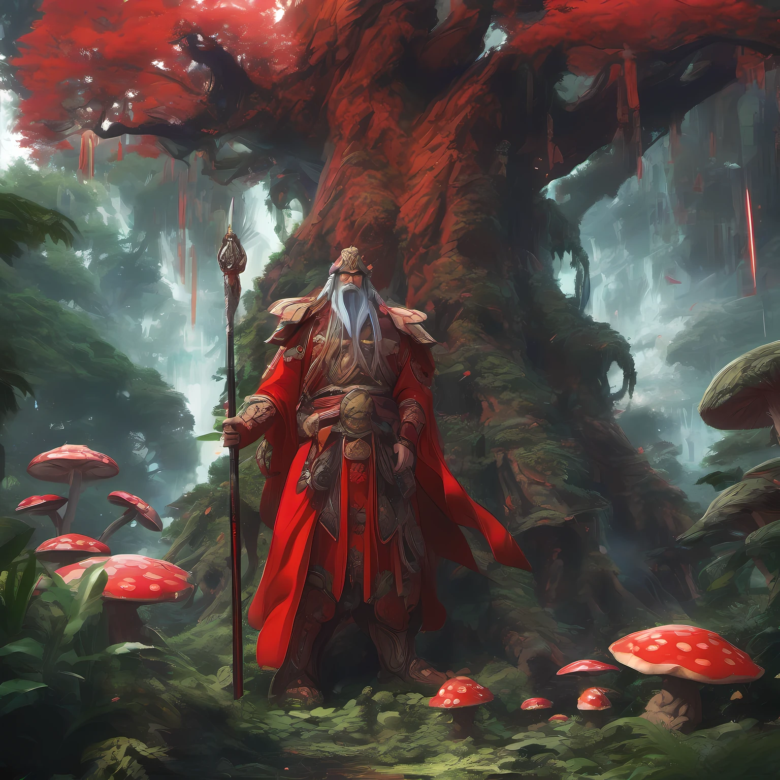 stylish japanese anime digital illustration, Isekai Tensei、Japan Isekai Tensei anime、Guan Yu landed in the jungle of another world、An otherworldly jungle reminiscent of the jungle of Vietnam、Feminized Guan Yu、Niō Standing、Red aura background, Standing with his boastful brunt on the ground。Ground covered with slime、A huge group of mushrooms shining around a tree、Intimidating a group of demonic beasts with his proud supremacy、hyper-sharp image, ultra sharp image, Mkoto shinakai, Akria Toriyama, Ghibri, zelda,