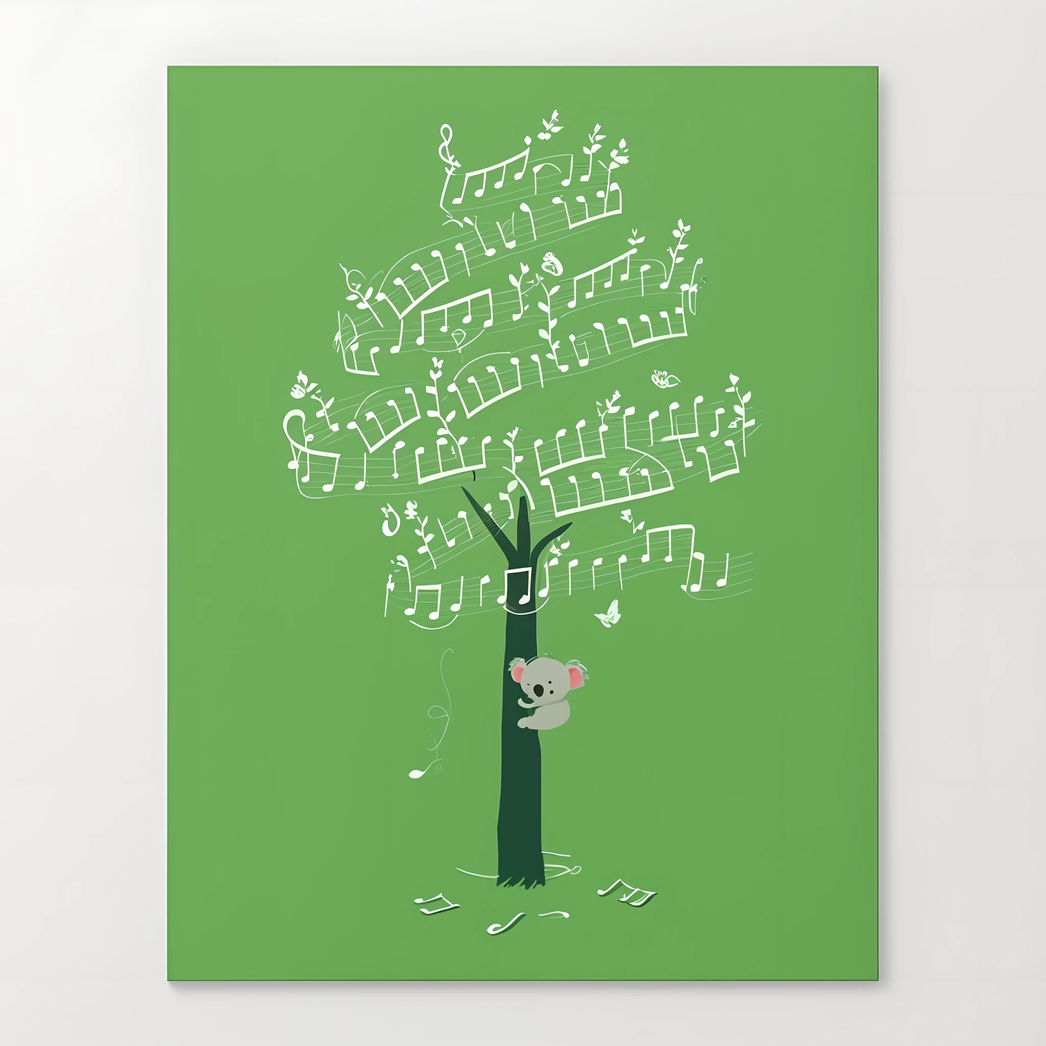 a green canvas with a koala tree and musical notes, trees swaying to the beat, art print, wood print, society 6, canvas art print, music, sf, music poster, cool, cut, tree, limited edition print, musician, sound, cute artwork, sheet music, hey, ello, art poster, tree's, print!, poster artwork