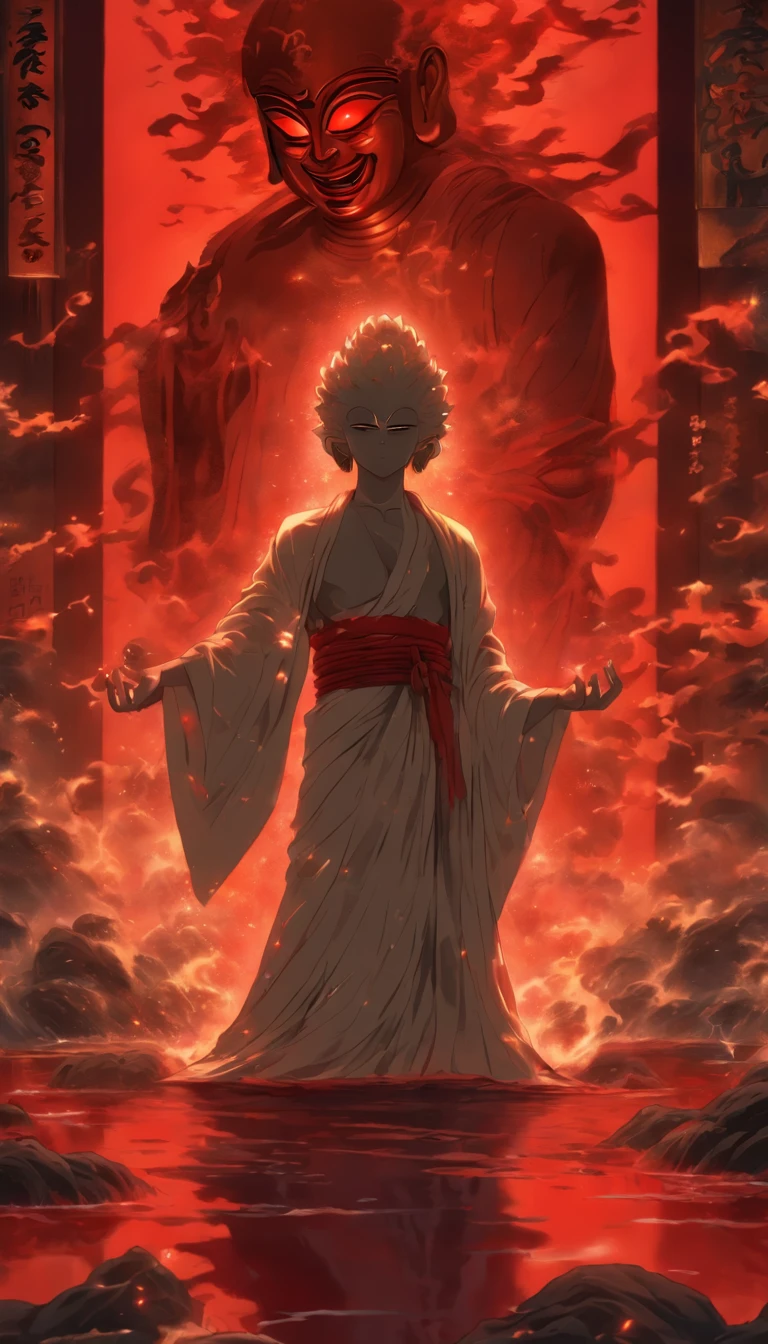 Blood red room, Flashing white TV screen, BUDDHA STATUE, cabelos preto e longos, with hair dishevelled, Cover one eye and face, Bright red eyes, Wearing a white transparent robe, Looming full breasts,liquor,Devil， reaching out her hands，Straighten your body, Red nails are exposed, ????? the camera, hyper HD, Anatomically correct, Textured skin, Super detail, High details, High quality, A high resolution, 8K, hyper HD, Anatomically correct, Textured skin, Super detail, High details, High quality, Best quality, 8K,Leishnampo,Room 2,Horror