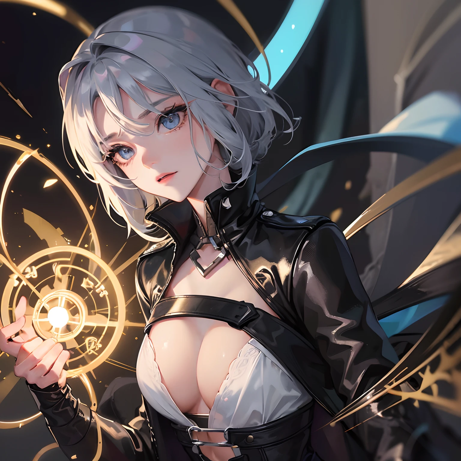 finest image, portrait, detailed and delicate depiction, a female warrior wearing a long black leather coat, sexy, beautiful, cute, abs, slender, amorous expression, lewd expression, light silver glossy braided bangs short hair, light blue sparkling big eyes, double eyelids, background Northern Renaissance style, galaxy, midnight city, ruins, piles of rubble, puddles, rainbow and gold neon light many lines, iridescent, magic circle, fantasy, professional lighting