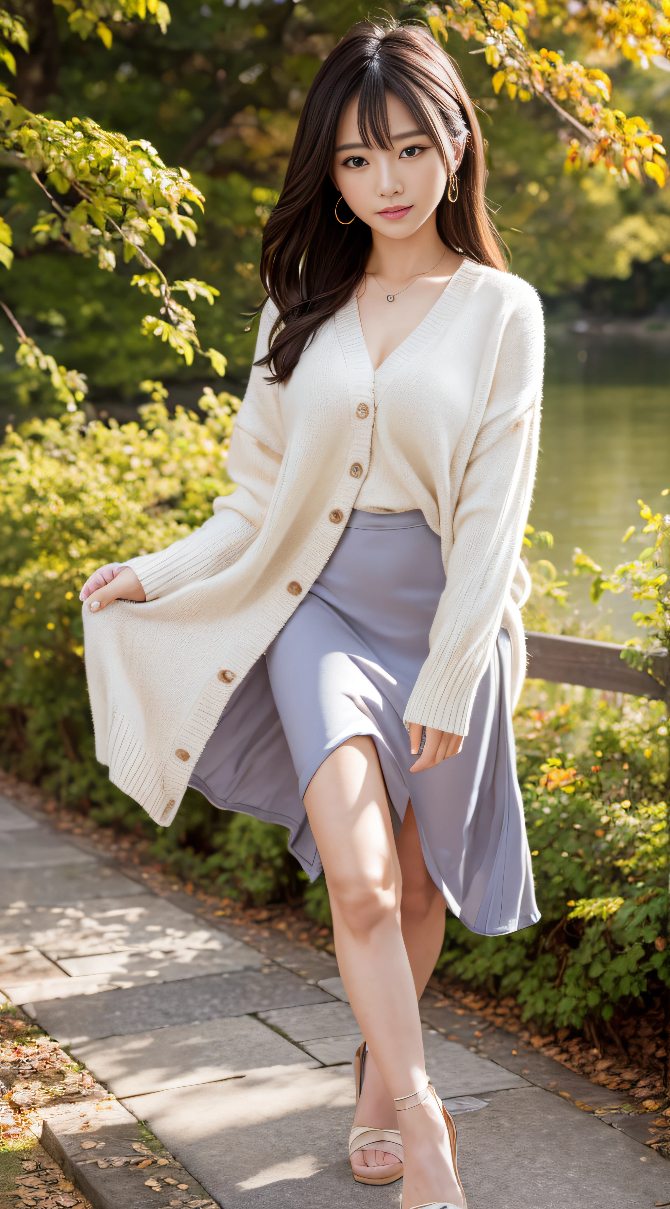 ((top-quality)), ((masterpiece)), (detaileds:1.4), 3 Draws, ultra fine photos, 超A high resolution, Photorealsitic, sunlights, Full body portrait, stunningly beautiful,Dynamic Poses,the face of a beautiful Japanese girl、Facial features of Japan、Cute fine face of a girl、Autumn Fashion、Autumn coordination、cardigan、Sweaters、long skirt、
