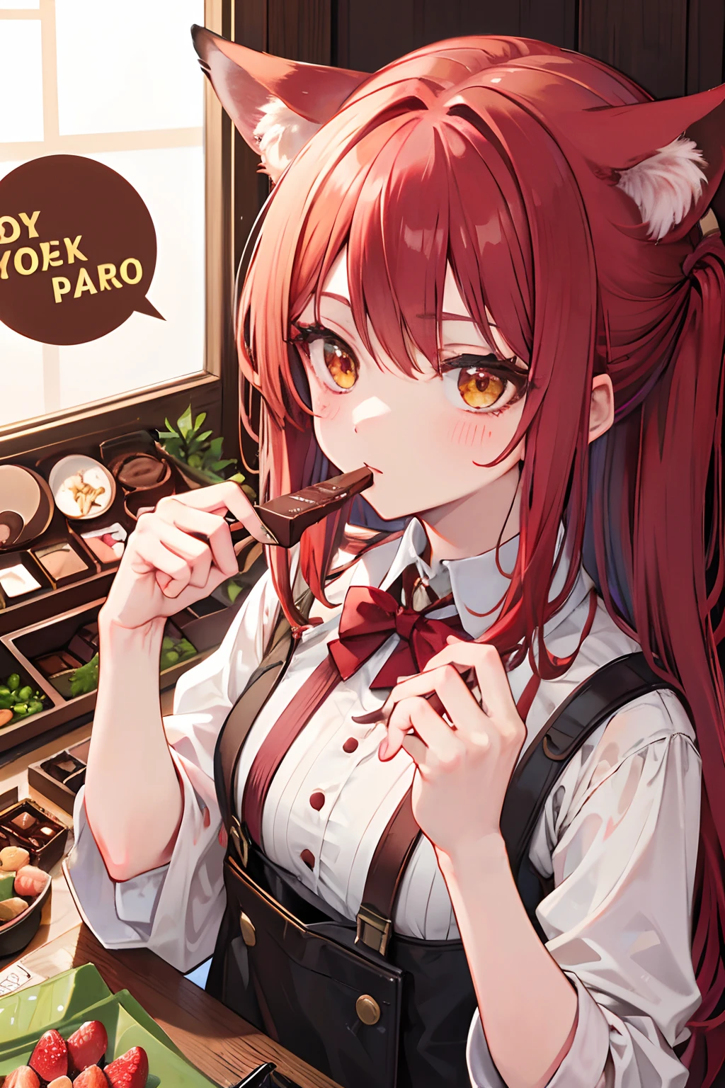 red tinted hair，fox ear，Golden eyes，chocolate bar，Matcha chocolate，Strawberry chocolate，Peanut chocolate，Different flavors of chocolate
