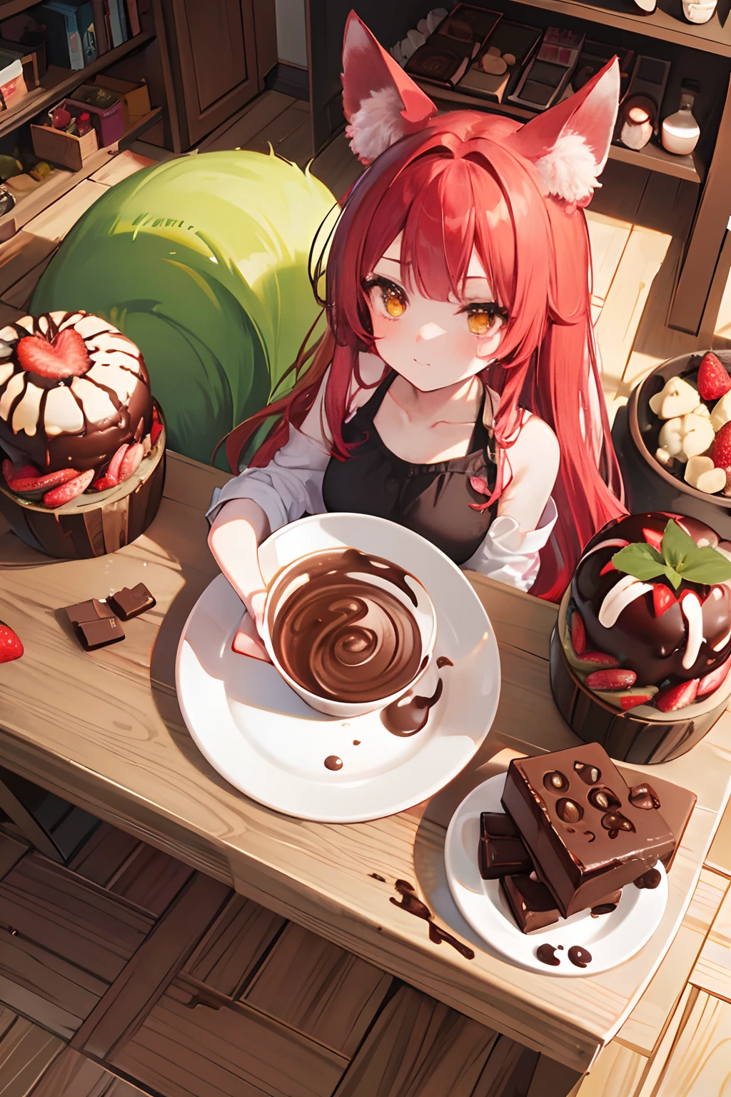 red tinted hair,fox ear,Golden eyes,chocolate bar,Matcha chocolate,Strawberry chocolate,Peanut chocolate,Different flavors of chocolate