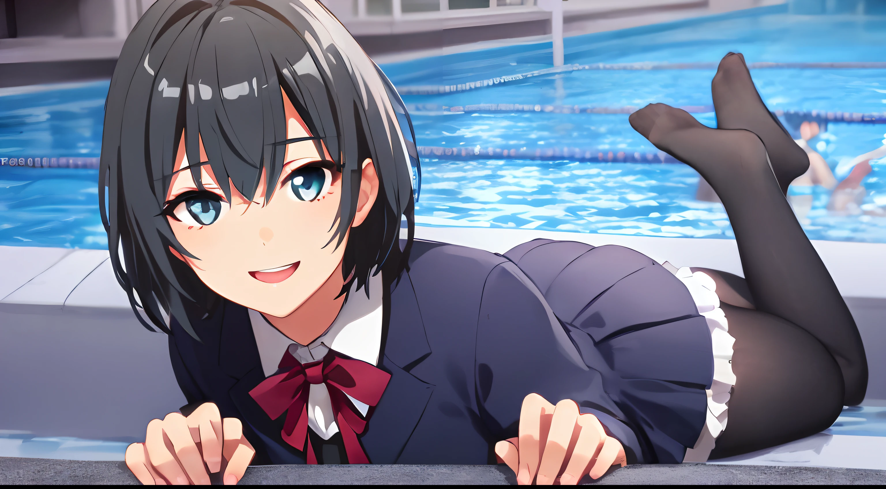 superfine illustration, very detailed beautiful face and eyes, Dynamic Angle, Laugh, School Tights, Hands up, in poolside, Very short hair