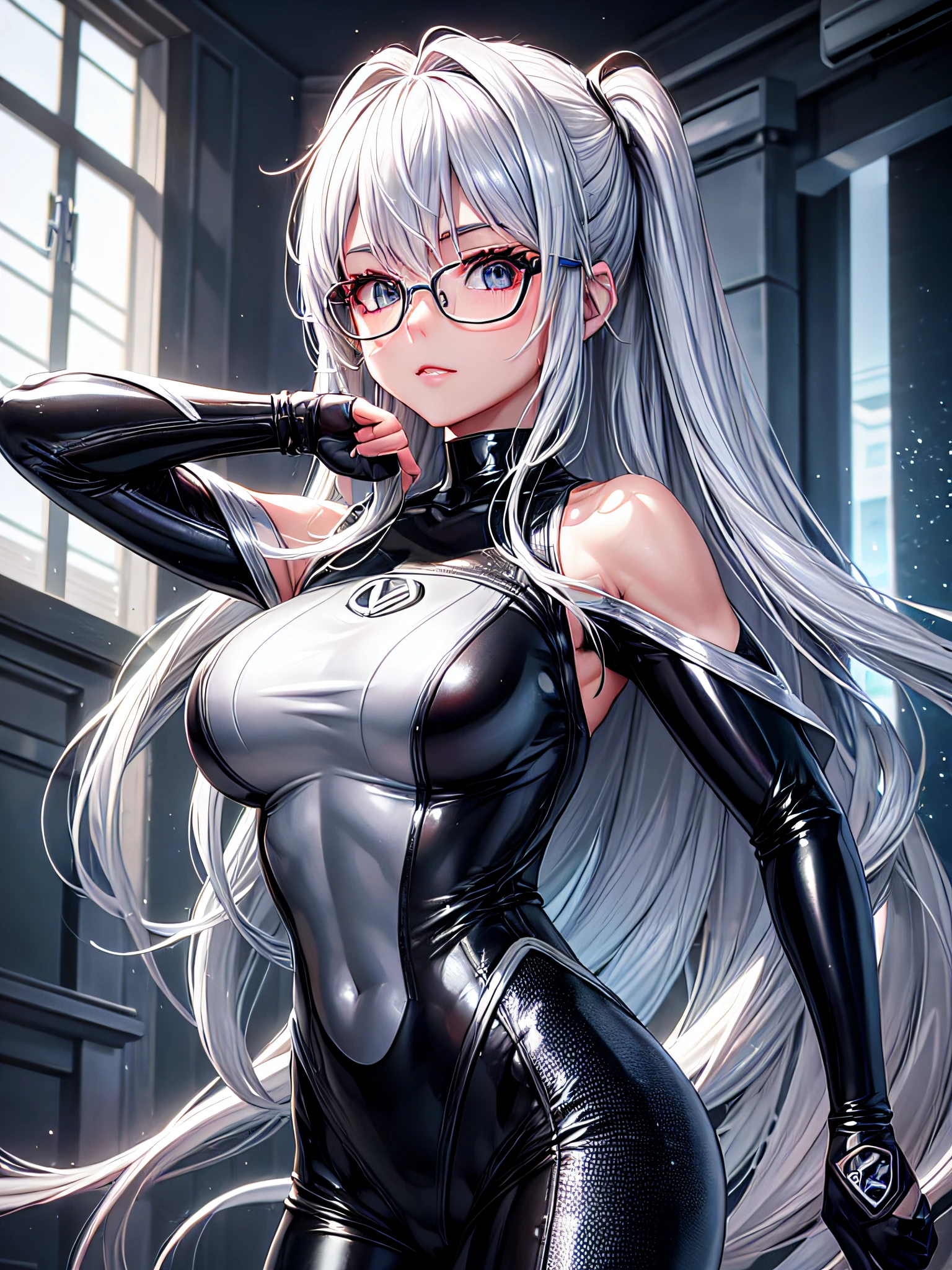 5 8K UHD、Muscular beauty with silver hair and nose in shiny silver wetsuit wearing glasses with hands on her head、Shiny silver latex wetsuit with hidden skin、Armpit up from the front