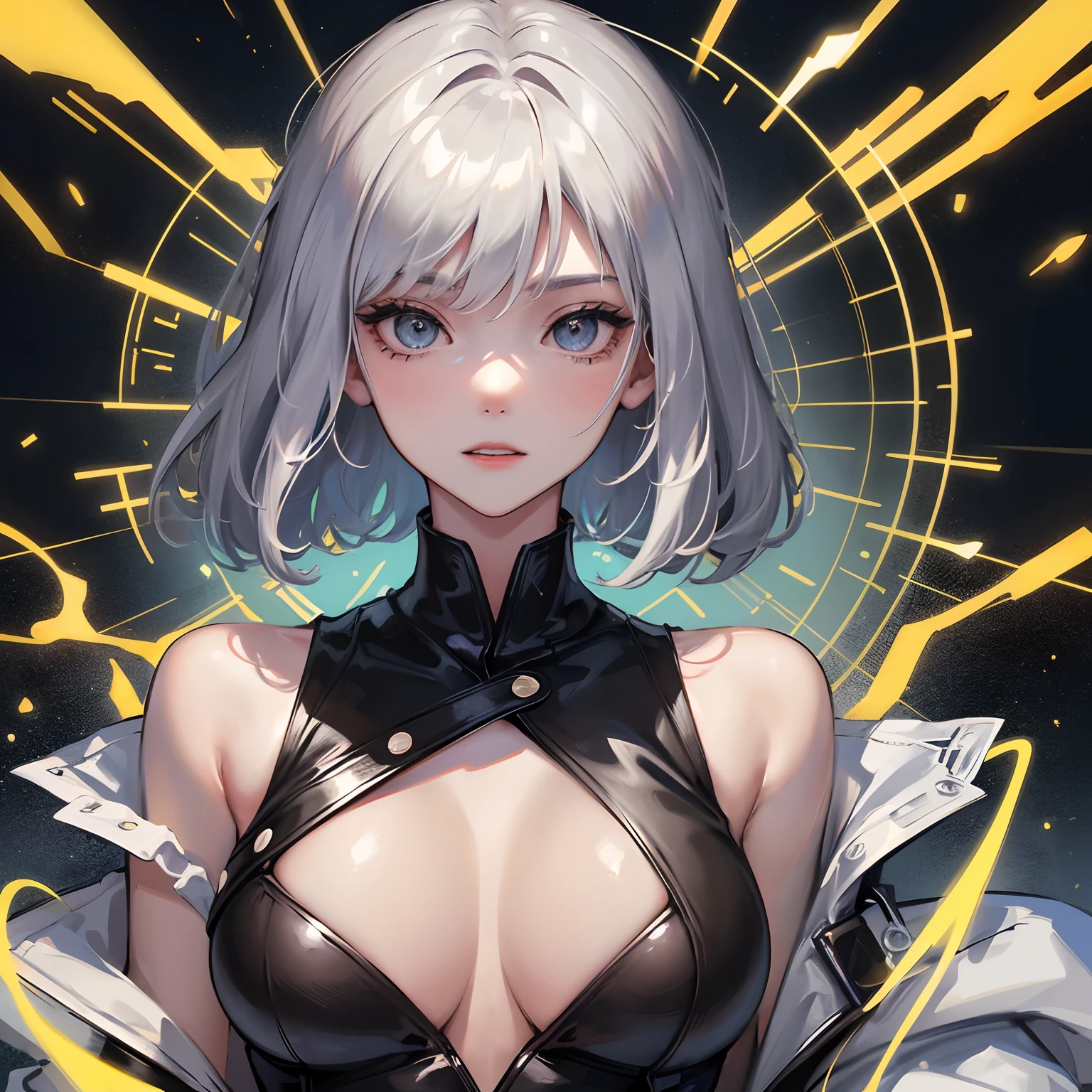 finest image, portrait, detailed and delicate depiction, a female warrior wearing a long black leather coat, sexy, beautiful, cute, abs, slender, amorous expression, lewd expression, light silver glossy braided bangs short hair, light blue sparkling big eyes, double eyelids, background Northern Renaissance style, galaxy, midnight city, ruins, piles of rubble, puddles, rainbow and gold neon light many lines, iridescent, magic circle, fantasy, professional lighting