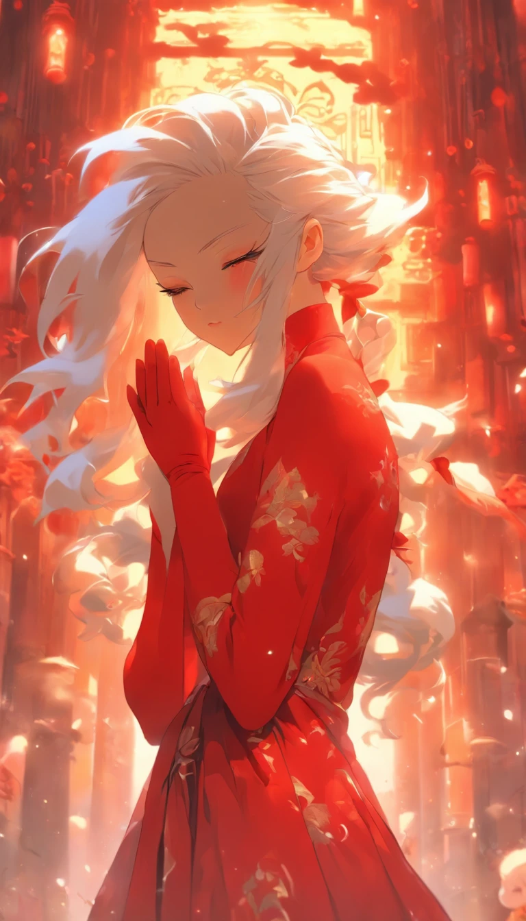 Animated girl with white hair, blindfold in red dress, god with white hair, hands clasped, praying, illusory fantasy, Gouwitz, fantasy art style, white mask, beautiful fantasy girl, white eyed girl, beautiful girl, white haired girl, delicate white eyes, Gouwitz style artwork, beautiful fantasy art.