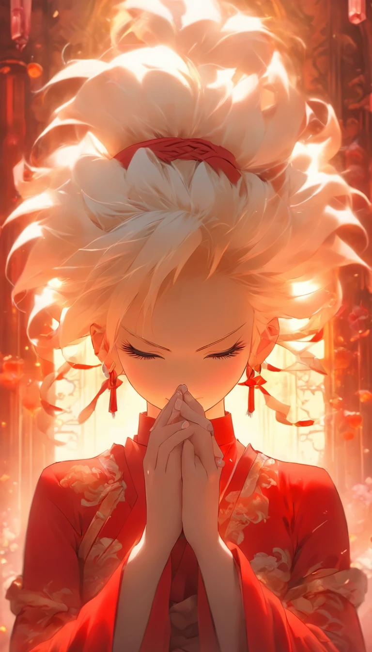 Animated girl with white hair, blindfold in red dress, god with white hair, hands clasped, praying, illusory fantasy, Gouwitz, fantasy art style, white mask, beautiful fantasy girl, white eyed girl, beautiful girl, white haired girl, delicate white eyes, Gouwitz style artwork, beautiful fantasy art.