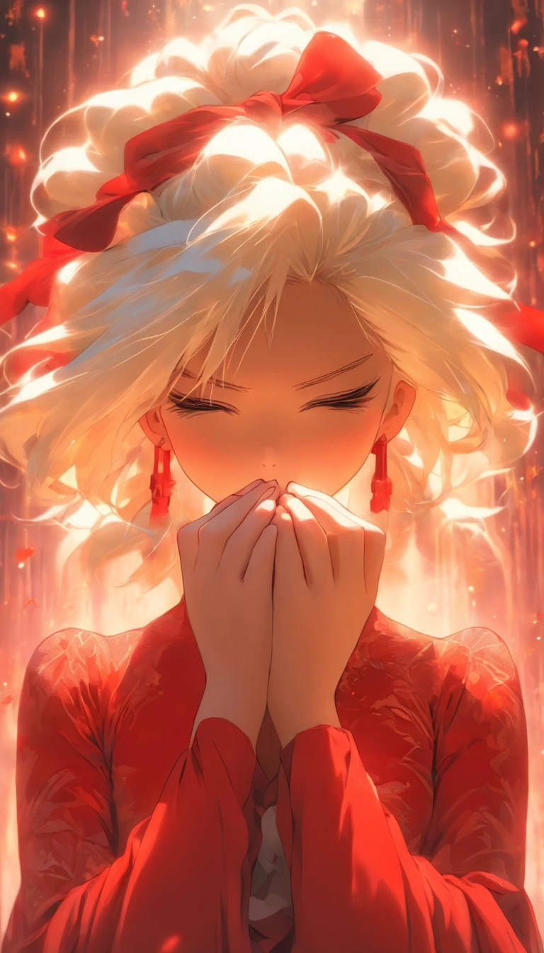 Animated girl with white hair, blindfold in red dress, god with white hair, hands clasped, praying, illusory fantasy, Gouwitz, fantasy art style, white mask, beautiful fantasy girl, white eyed girl, beautiful girl, white haired girl, delicate white eyes, Gouwitz style artwork, beautiful fantasy art.