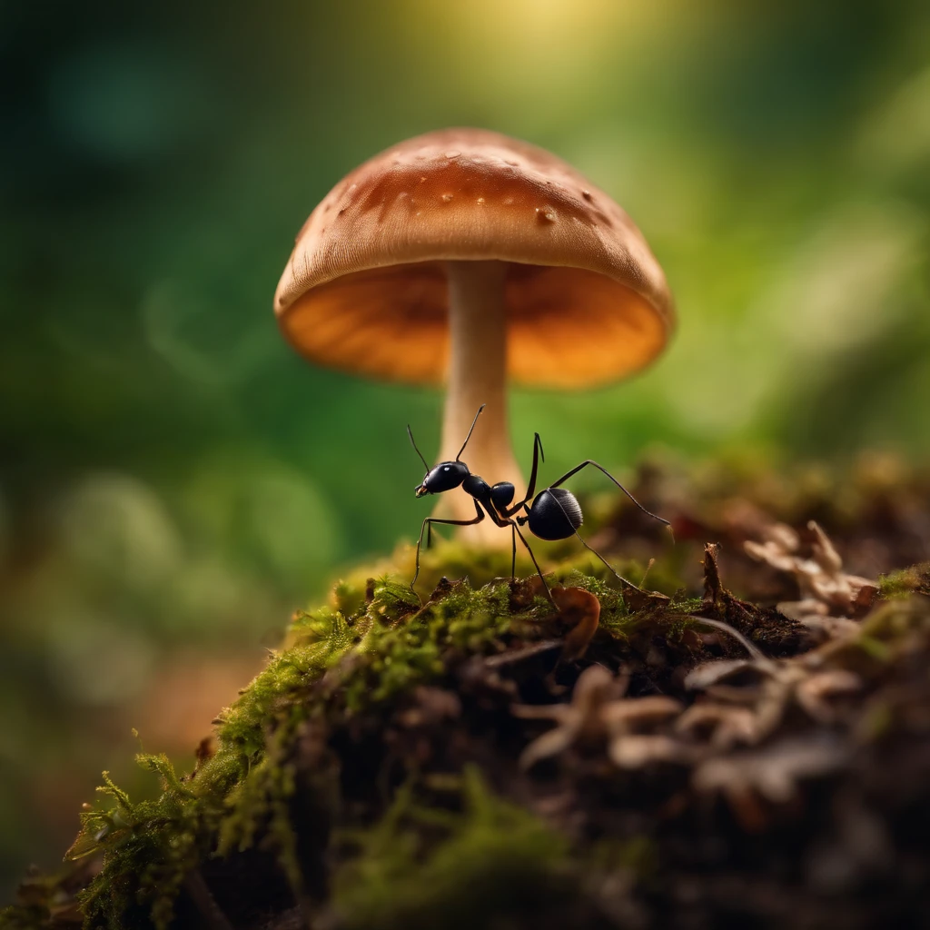an ant on the top of mushroom