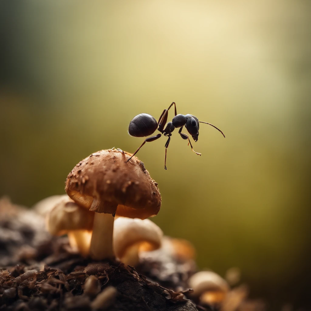 an ant on the top of mushroom