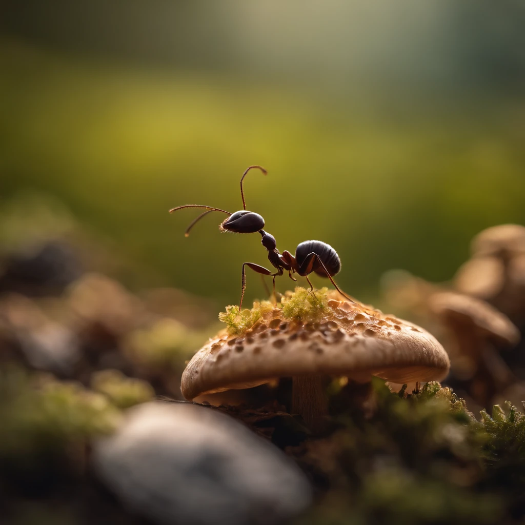 an ant on the top of mushroom