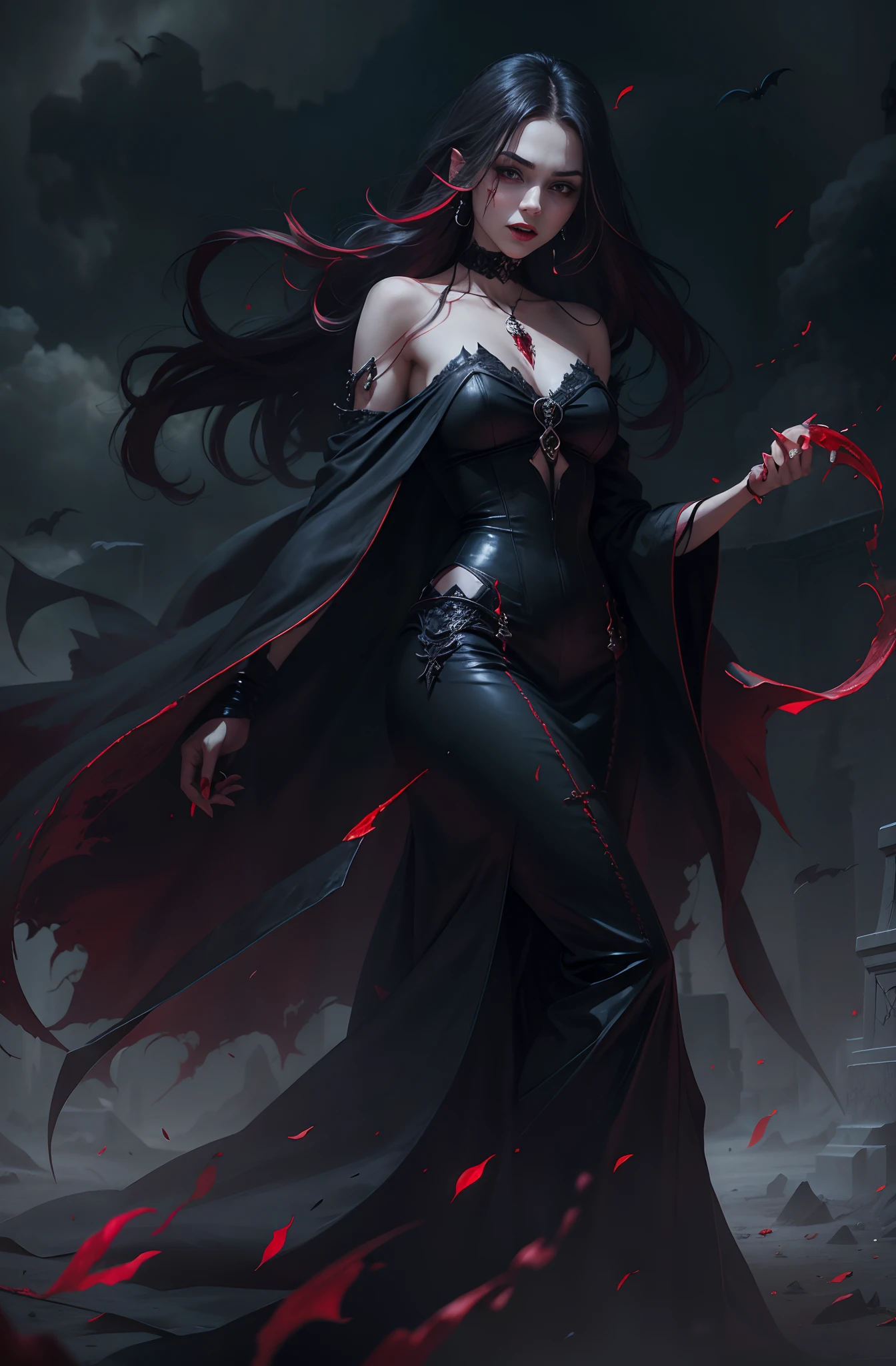 The female vampire is bloody, holding blood in her hand, and her face is hideous