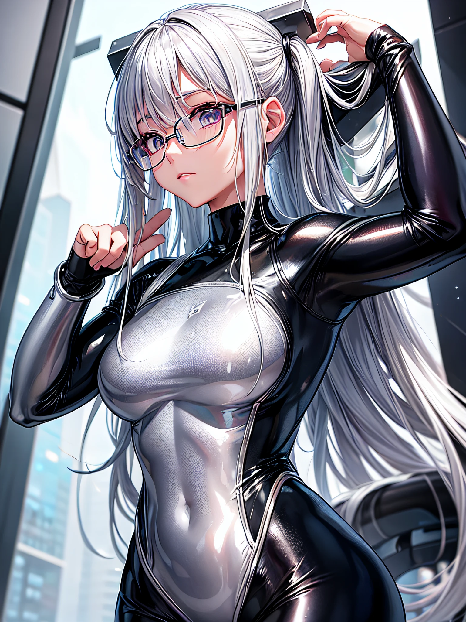 5 8K UHD、Silver-haired muscular beauty in shiny full-body silver wetsuit with glasses holding her hands on her head、Shiny silver latex wetsuit with hidden skin、Armpit up from the front