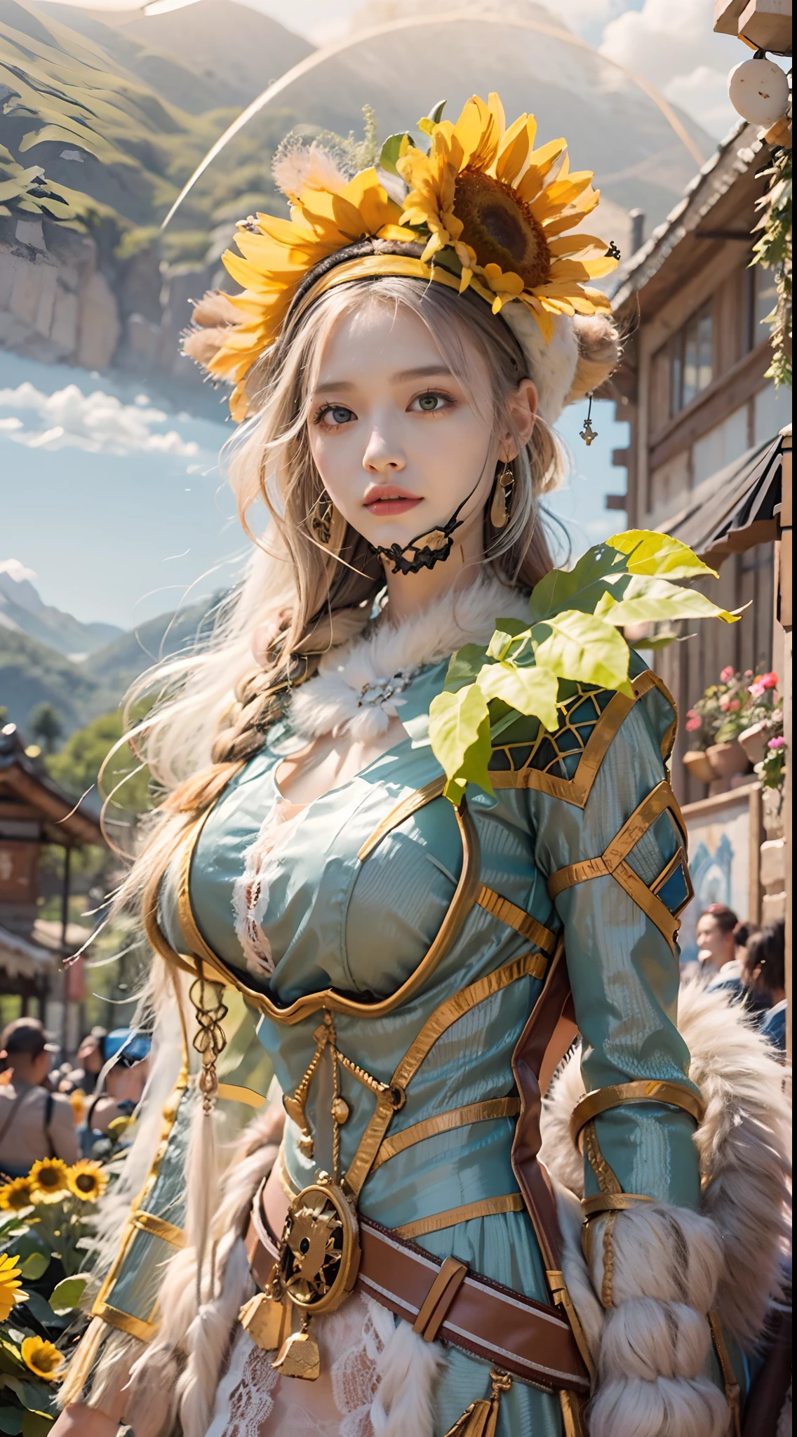 In a very grand scene，The extra-large wide-angle lens captures the appearance of a female centaur。She is a Sunflower Worship nun。She is tall，It has the ultimate curvy beauty，The muscles are slender and firm，Beautiful lines。She has（Super huge sky blue eyes：99.99），Always with sexy glasses。（She wears solemn nun attire：9.9），Stepping on a boot-style skyscraper-heel，A pink cross hangs from his chest。（In front of her is the world's only knitted sunflower potted plant with a super healing smile：99.99），This is the icon of God woven from high-grade yarn。Use Midjourney's advanced tools，Design noble and solemn nun costumes for female centaurs，and highlight her unique physiological characteristics and appearance details，Add realism。And in the context of her prayers and listening to confessions，Spectacular views of nature，Such as the sky where storms and sunny days alternate、Brilliant rivers of stars and auroras、The snow-capped summit of Mount Everest、Fireworks in the mountain town, etc。ao mesmo tempo，Away from the hustle and bustle next to the chapel，Create a fantastic scene。Use Midjourney's advanced tools and multiple color palettes、Brush Strokes、Texture tools and model packages，It shows a sense of atmosphere where beauty and charm coexist。The charm of the female centaur is highlighted through color and lines，Enhance realism with detailing，Create a surreal dreamy feeling。Additionally，Use Midjourney's tools to add various exorcism props and books to the female centaur、pergaminhos，Create intricate hairstyles and outfits，Give her a sense of premium。She never flinches，No matter what monster you encounter，can respond quickly，Even the most extreme armies of natural disasters and monsters could not stop her and her front（The only sunflower in the picture with the Tyndall effect exuding sunlight：999.9）。Use Midjourney's powerful tools，You can do it with incredible detail and beauty，Bring this ultra-grand and beautiful scene to life。Ultra-grand scenes，super wide shot， hdr，（真实感，Masterpiec