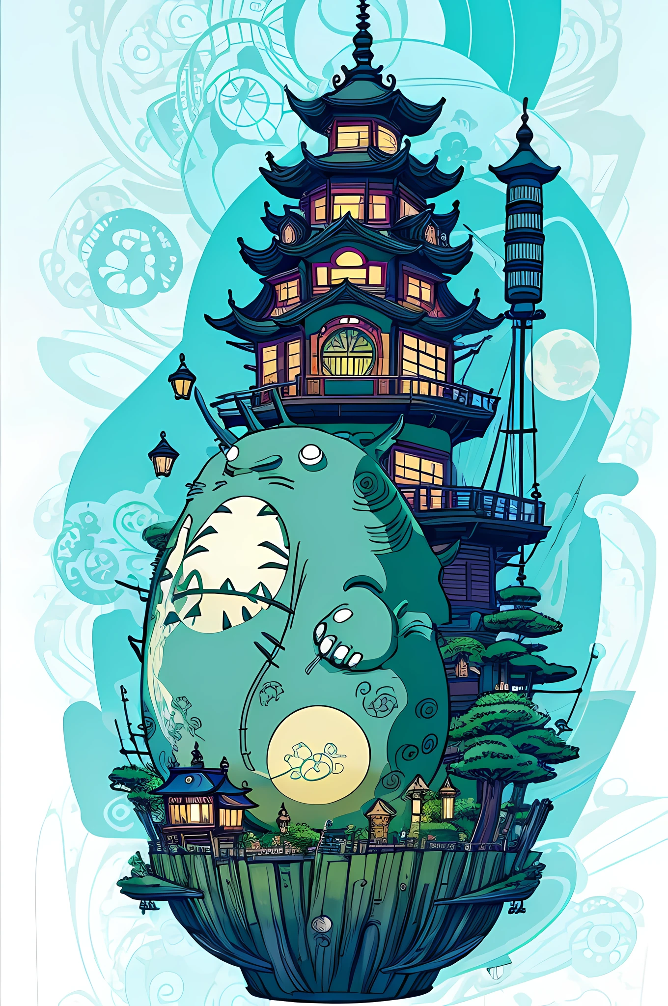Craft a serene and dreamy design featuring characters from Studio Ghibli films like Spirited Away and My Neighbor Totoro. t shirt design, design for t shirt --auto
