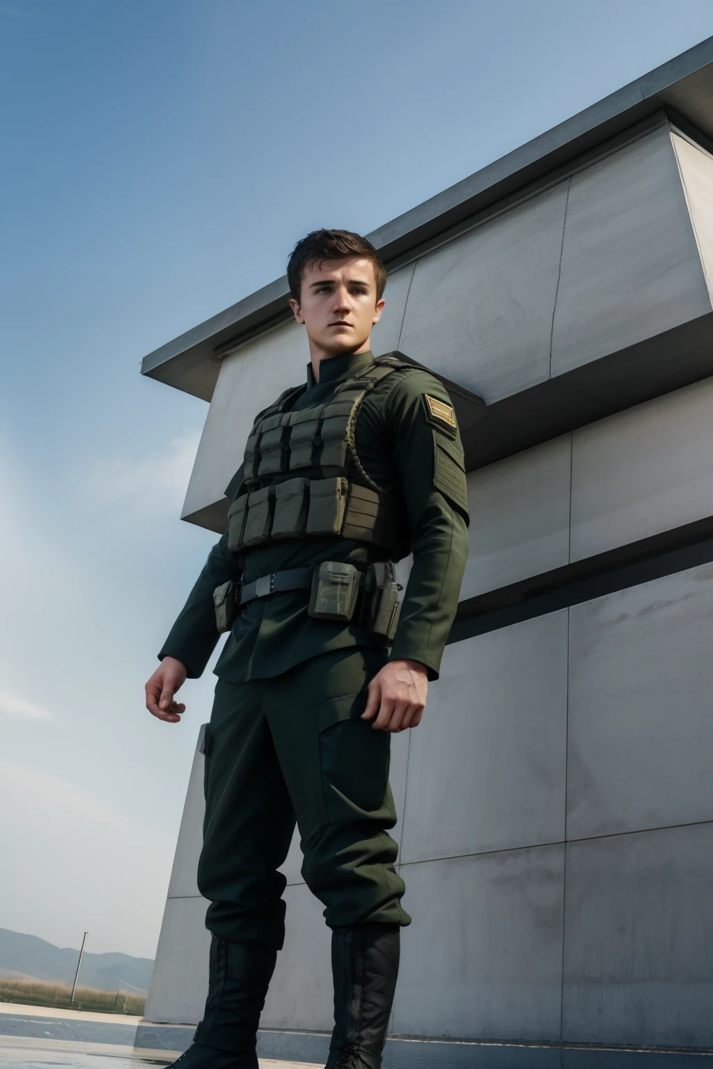swat fighter, young male in sky, Josh Hutcherson, caucassian masculine square face, military style, full body low angle view, shy, wet, moaning