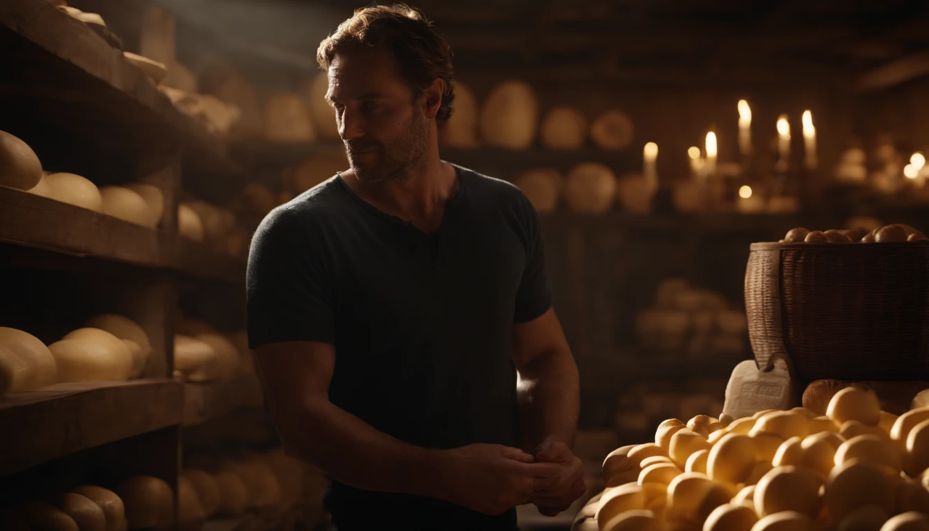 FDH Resolution, Detailed, Realstic,photoreallistic:1.37,Homme ,cheese cellar,Raytracing, background illuminated by the sun's rays , un homme, volumeric lighting