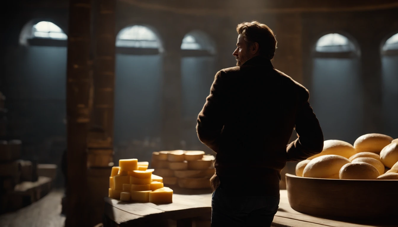 FDH Resolution, Detailed, Realstic,photoreallistic:1.37,Homme ,cheese cellar,Raytracing, background illuminated by the sun's rays , un homme, volumeric lighting