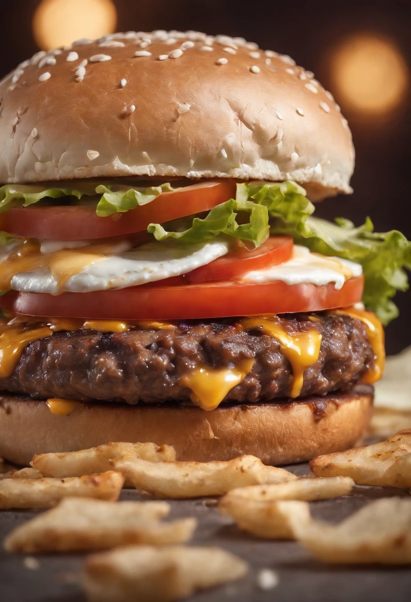 A burger falling in pieces juicy, tasty, hot, promotional photo, intricate details, hdr, cinematic, adobe lightroom, highly detailed