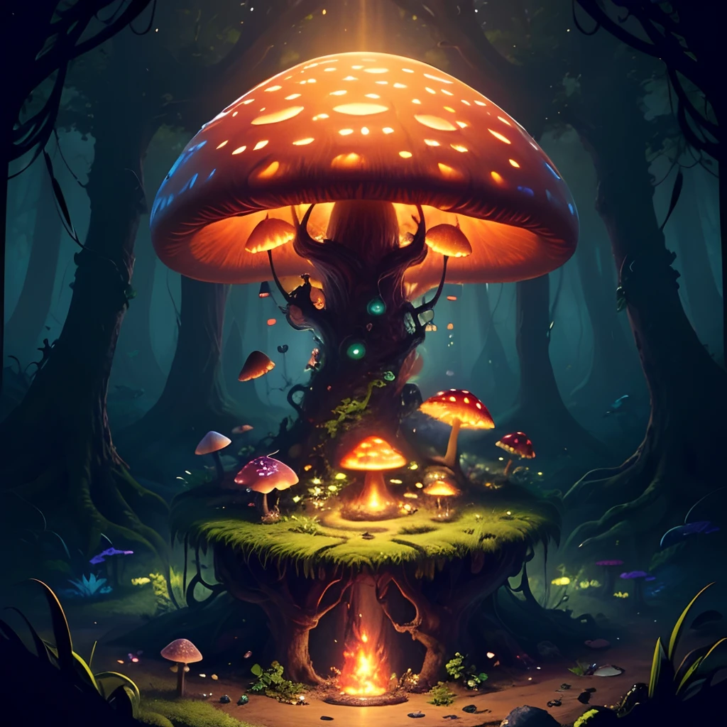 (Masterpiece), (Best Quality), (Ultra high Detailed), Fantasy Concept, Fantasy Jungle, a fantastic, Cute rounded glowing poisonous mushroom, a fluorescent orange mushroom, a short big stump in the center of the screen, The biggest mushroom is on the stump, Small cute poisonous mushrooms around, flowers, trees, vine plants around