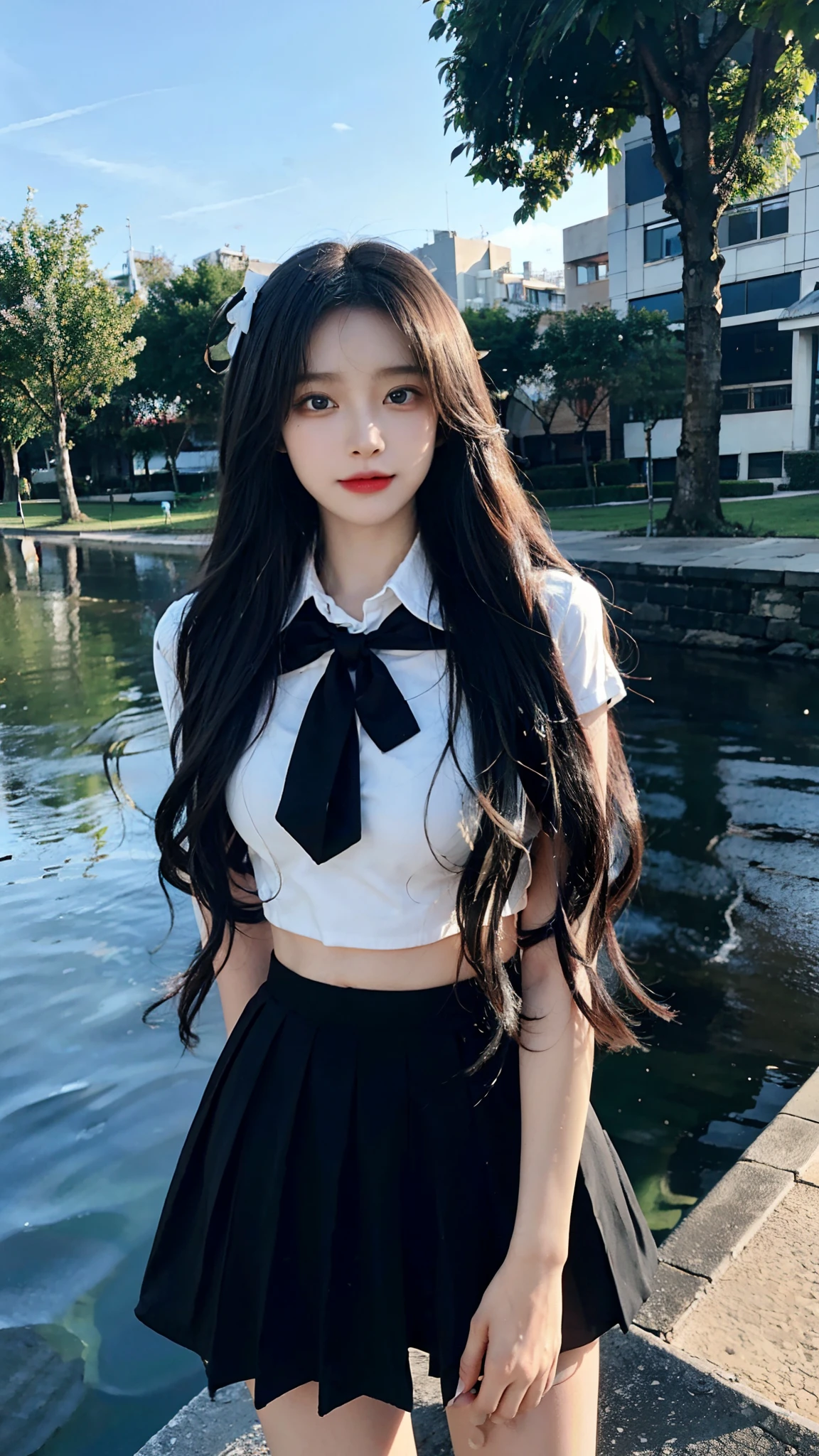 Masterpiece, Best quality, 1girl, Loli, hair, Blue eyes, Very long hair, hair flower, black school uniform, black Mini skirt, bare stomach, cheerfulness, Amazing, Beautiful detailed eyes, Depth of field, Original, Outdoors, soaking wet, beautiful detailed water, Beautiful detailed sky, fluttered detailed splashs, author, Colorful, hdr, colorful refraction, cinematic lighting, attractive pose, laying on the drass,