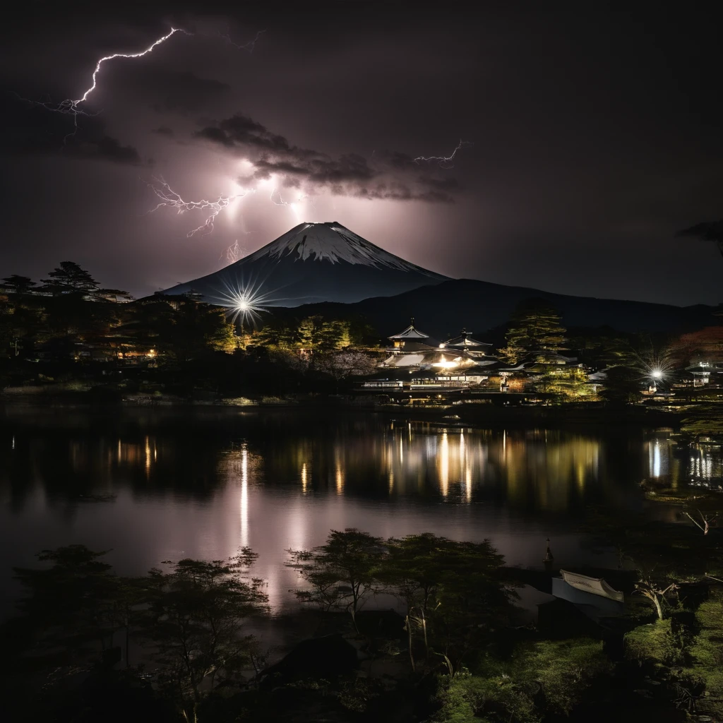 Master Parts、Superior Quality、superior image quality、The 8k quality、Beautiful photos of lightning:1.9、magnifica、(mont. Fuji seen from Lake Shoji:1.9)、Lake level only, Mountains and sky:1.9, (((Dramatic Lightning:1.9))), Pale lightning:1.9