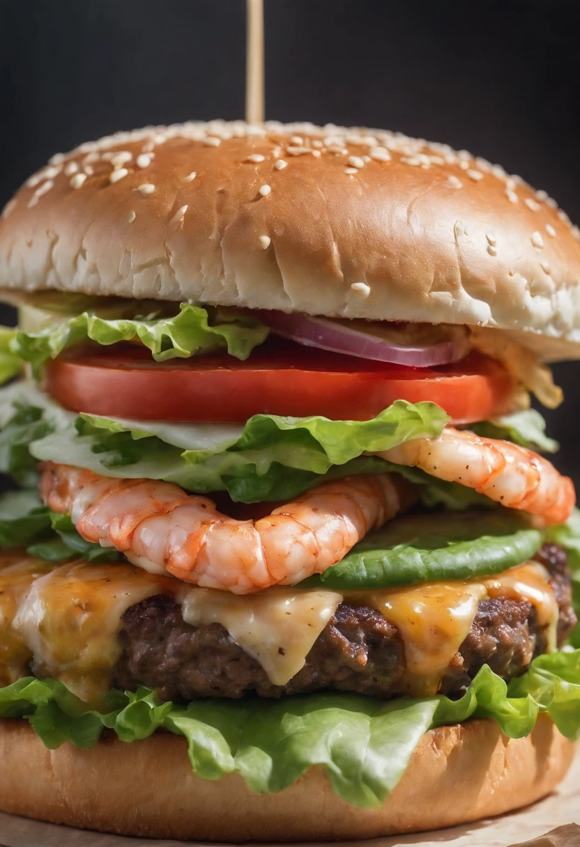 The burger falls into juicy pieces, delicacy, thermography, , intricately details, hdr, cinematic ligh, Adobe Lightroom, highly detailed, Green and red bread , With shrimp