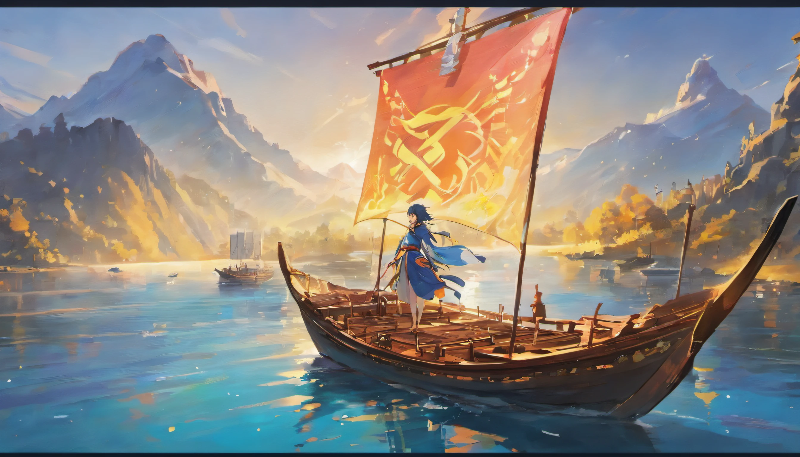 Draw boats in lakes with mountains and sun, Metal sails,dreamlike digital painting, fantasy digital painting, fantasy. gondola boat, Chinese style painting, digital cartoon painting art, glossy digital painting, Chinese painting style, Digital fantasy painting, 8k resolution digital painting, 8 k resolution digital painting, Fantasy landscape painting, A beautiful artwork illustration, 4 k digital painting