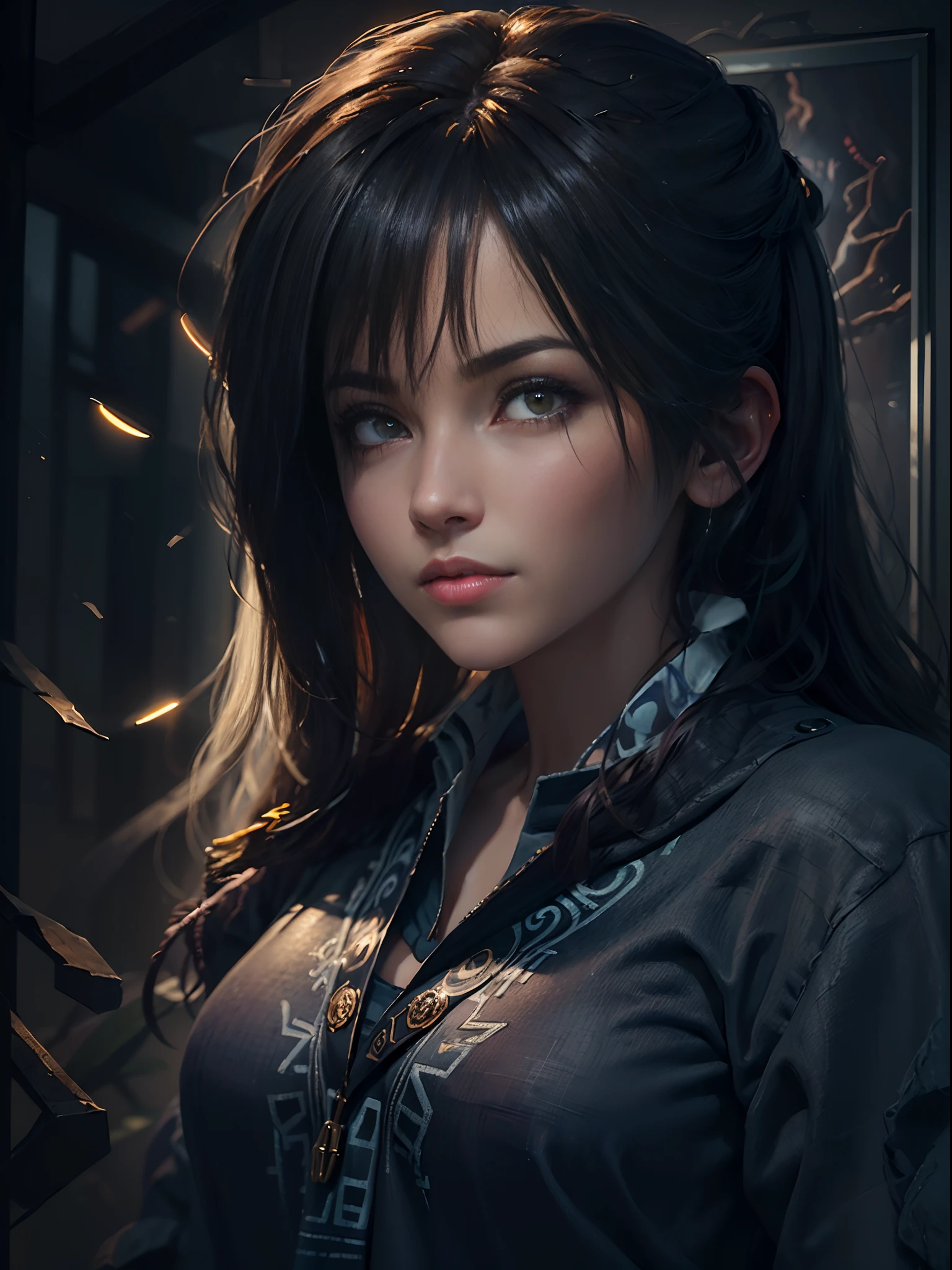 (front focus), (in the dark:1.6), Hyperrealist portrait of female by david hockney and alphonse mucha, fantasy art, photo realistic, dynamic lighting, artstation, poster, volumetric lighting, very detailed faces, 4 k, award winning, 1girl, in the dark, deep shadow, low key, cowboy shot, (official clothing:1.4), long hair, white hair