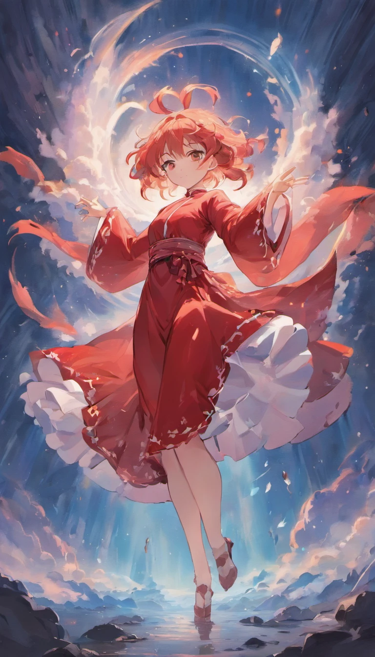 An inky white painting,The painting depicts a lady in an old red dress,There is a huge pink goldfish in the clouds, Made of fog, Dark white and pink, In the style of Li Shuxing, shilin huang, Talented people, Ethereal form, gigantic scale, Elegant and balanced, Doubleexposure, Cloud effects:1.5,elevation,Faraway view,super detailing,best qualtiy,tmasterpiece,8K,Extremely detailed,Epic artwork,Fine face