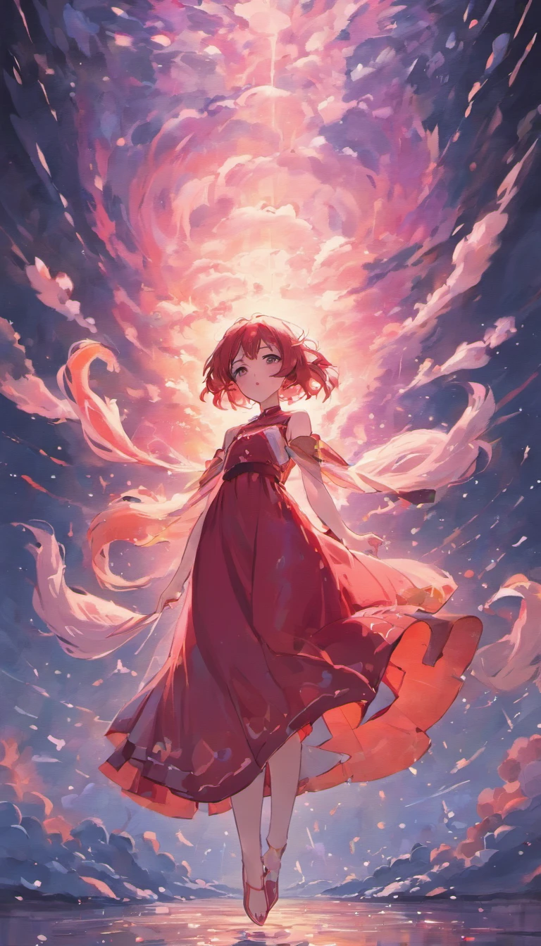 An inky white painting,The painting depicts a lady in an old red dress,There is a huge pink goldfish in the clouds, Made of fog, Dark white and pink, In the style of Li Shuxing, shilin huang, Talented people, Ethereal form, gigantic scale, Elegant and balanced, Doubleexposure, Cloud effects:1.5,elevation,Faraway view,super detailing,best qualtiy,tmasterpiece,8K,Extremely detailed,Epic artwork,Fine face