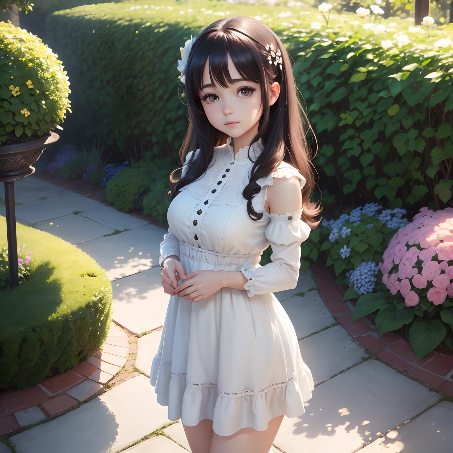 (best quality,4k,8k,highres,masterpiece:1.2),ultra-detailed,(realistic,photorealistic,photo-realistic:1.37),black and white,anime style,anime characters,anime girl,cute girl,cute hairstyle,large eyes,big eyes,detailed eyes,sparkling eyes,expressive eyes,long eyelashes,rosy cheeks,soft smile,stylish outfit,flowing dress,fantasy environment,beautiful garden,floral scenery,peaceful atmosphere,gentle breeze,subtle shadows,delicate lines,sketch-like effect,contrast,striking visual,artistic flair