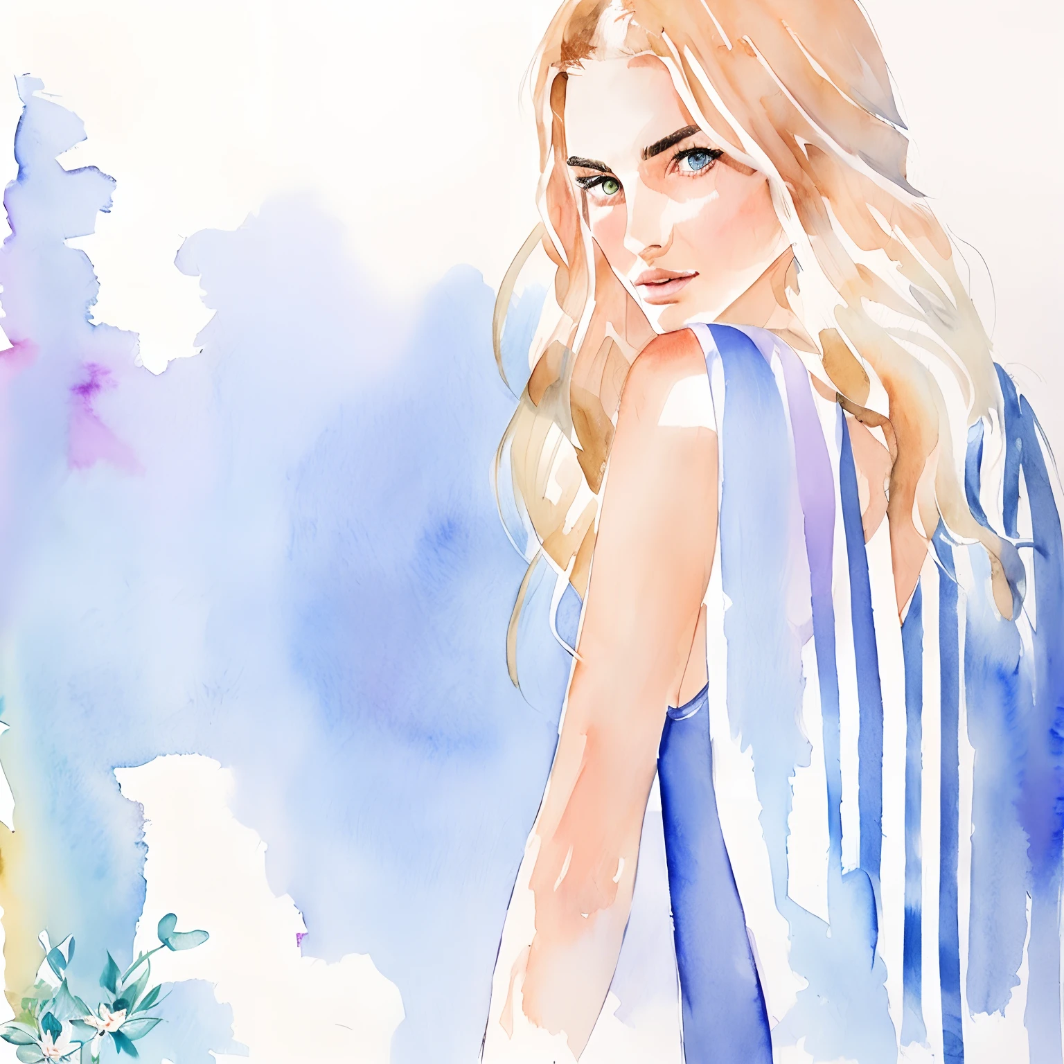 Fashion illustration Kelly smith birdy&me, watercolor sketch, blonde woman, thin hair, beautiful face, andreea diaconu