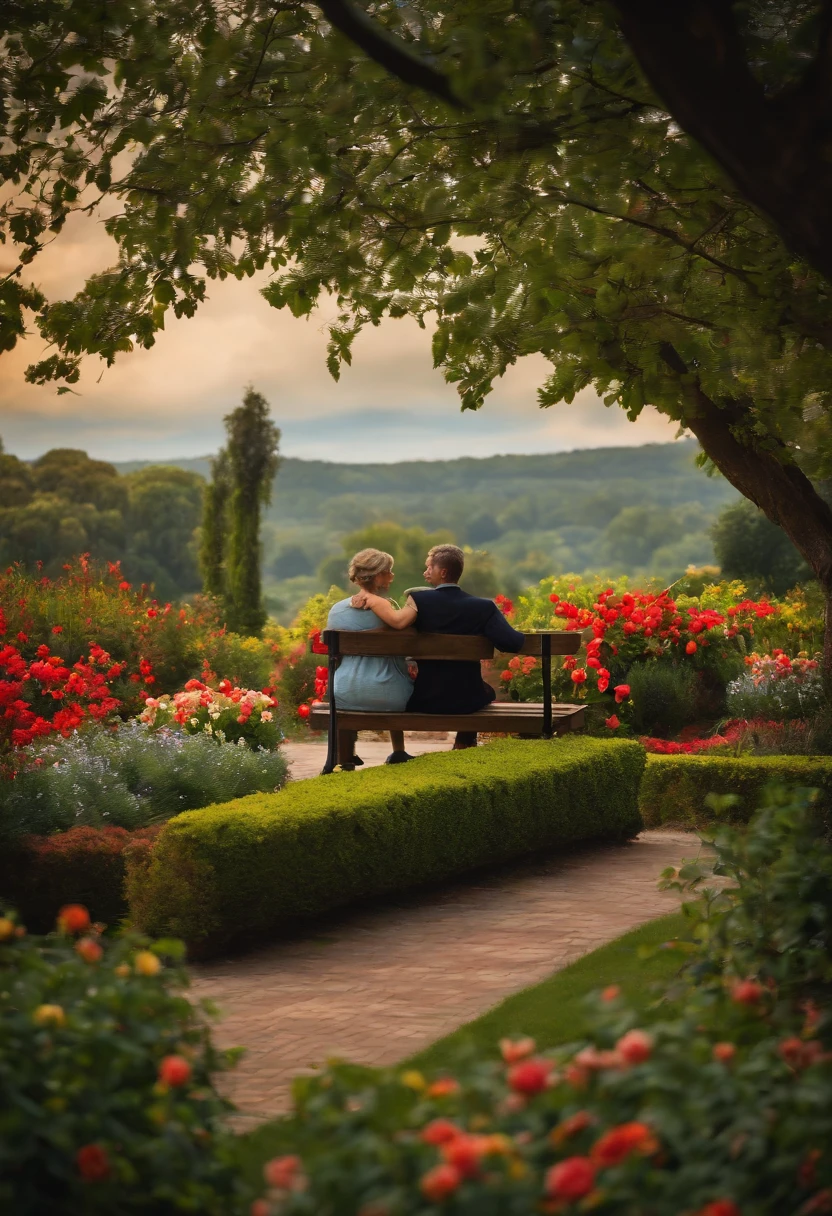 A quiet garden, where a couple sit on a bench, hands intertwined.