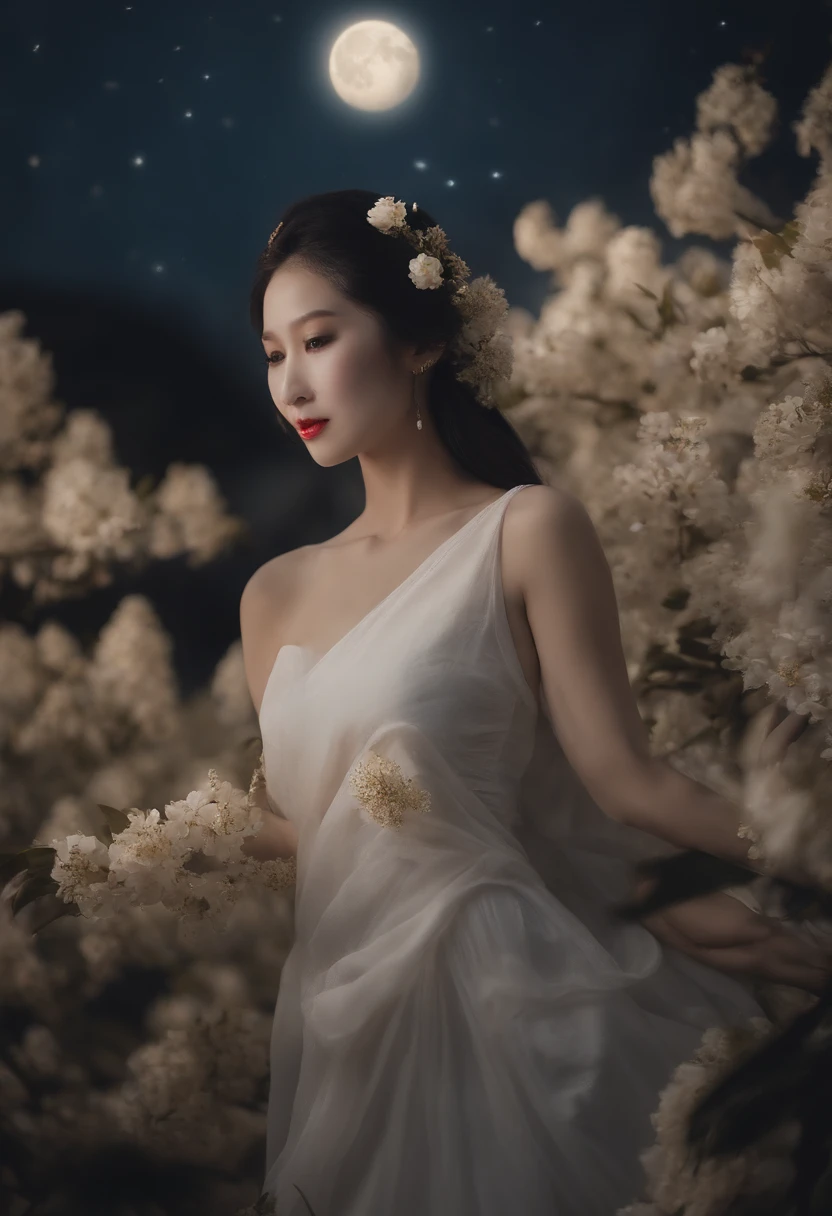 (masutepiece, Best Quality: 1.4)， the night，moon full，Detailed background，Ancient Chinese beauty looking at camera，Delicate headgear，ssmile，Streamers，Gauze clothing，Floating in mid-air，Elevation viewing angle，The Milky Way is amazing，The full moon is in the sky，Osmanthus flowers flutter on the osmanthus tree，White little white rabbit，cinematic lighting effect