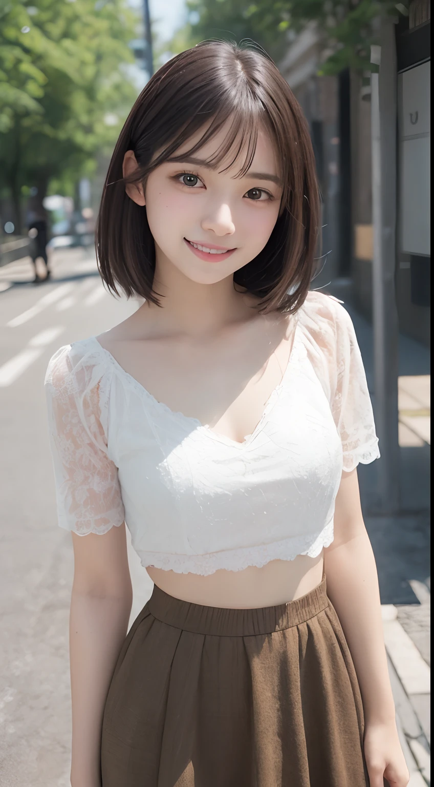 (Surrealism, RAW photo, Incredibly absurd, Nikon, 8k, super detail, masterpiece, intricate details),
(anatomically correct, perfect human body, beautiful and cute face, silky skin),
(, Japanese girl, idle face, Haruka Fukuhara, slim waist and busty body, Slender legs, large breast, baby face),
((round face, black hair, short bob cut, bangs, Down-slating eyebrows, Moist eyes, Shining eyes, one little earring, light blush)),
(street snap, random pose, pinch the skirt),
(look down at the viewer, look at camera, close eyes and smile),
((Colorful micro mini skirt, flashy teenage outf small bag)),
(Tokyo, Shibuya, Main street, very crowded road),
Natural lighting, full length, whole body, angle from below
