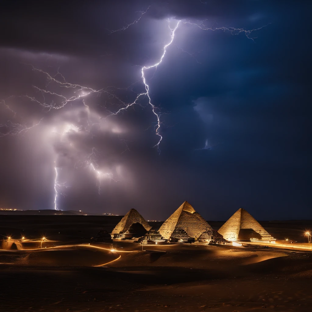 Master Parts、Superior Quality、superior image quality、The 8k quality、Beautiful photos of lightning:1.9、magnifica、(Pyramids:1.9)、(((Dramatic Lightning:1.9))), Blue lightning:1.9
