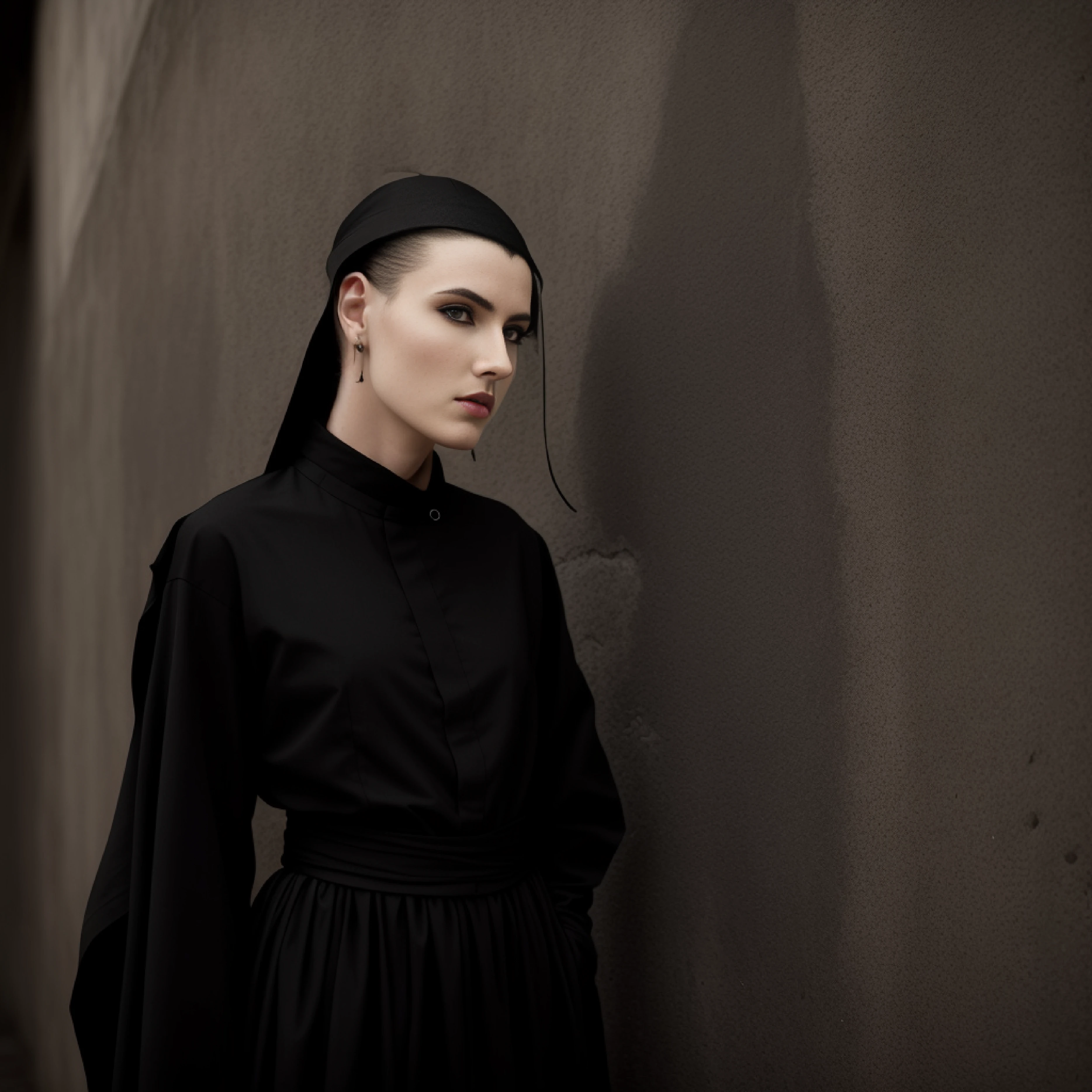 The Arafed Woman, standing against the wall in a black shirt, androgyny, A well-fashioned model, Gloomy model looks up, by Emma Andijewska, model shoot, Androgyne, Woman in a black robe, editorial model, Profile Pose, Portrait of an androgynous girl, Fashion nun looking up, androgynous vampire