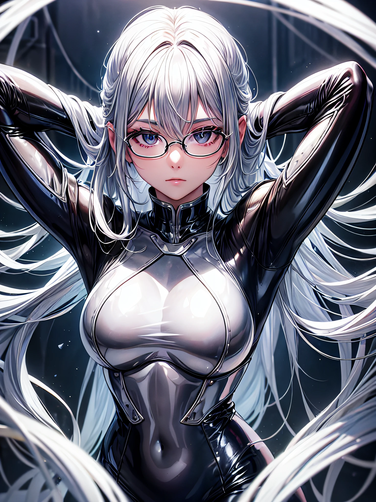 5 8K UHD、Silver-haired beauty in shiny full-body silver suit with glasses with hands folded behind her head、Shiny silver latex suit with hidden skin、Upper body up from the front