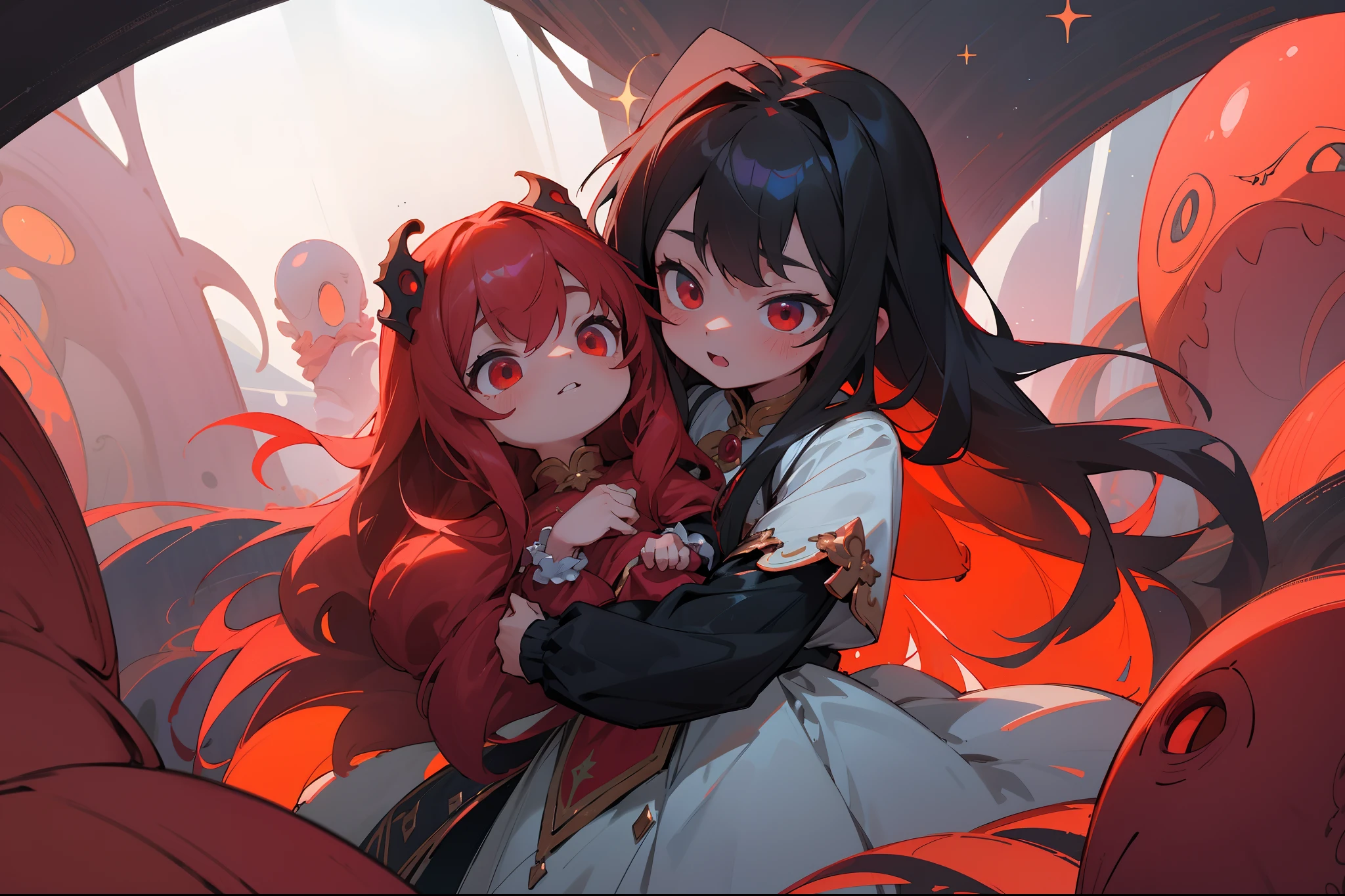 tmasterpiece,Best quality at best,highly details, Ultra-detailed 8K, 超高分辨率,(Children 6 years old,red color eyes,Red long-haired,White Lolita skirt,Holding the doll),kosmos,starlights,Huge algae,Cthulhu,tentaculata,starrysky,black hole,Bask in starlight,perfect compositions,Black and red background,