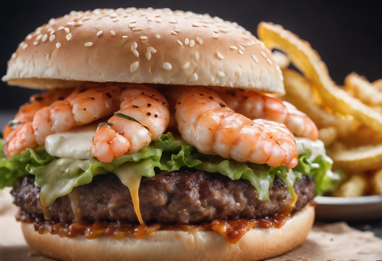 The burger falls into juicy pieces, delicacy, thermography, , intricately details, hdr, cinematic ligh, Adobe Lightroom, highly  detailed, Green and red bread , With shrimp