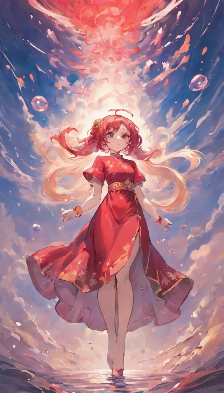 An inky white painting，The painting depicts a lady in an old red dress，There is a huge pink goldfish in the clouds, Made of fog, Dark white and pink, In the style of Li Shuxing, shilin huang, talent, Ethereal form, gigantic scale, Elegant and balanced, Doubleexposure, Cloud effects：1.5，elevation，Faraway view，super detailing，best qualtiy，tmasterpiece，8K，Extremely detailed，Epic artwork，Fine face