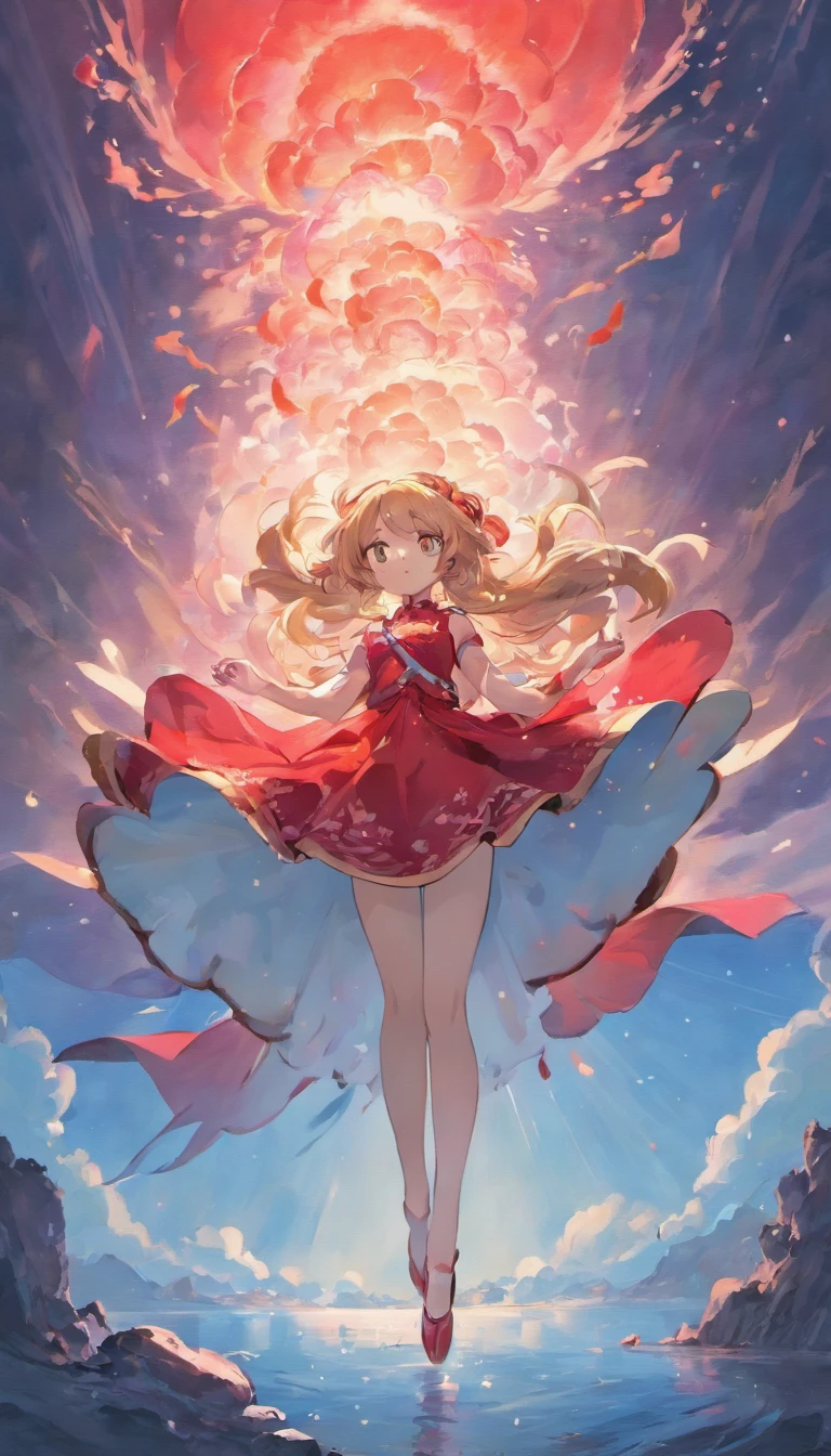 An inky white painting,The painting depicts a lady in an old red dress,There is a huge pink goldfish in the clouds, Made of fog, Dark white and pink, In the style of Li Shuxing, shilin huang, talent, Ethereal form, gigantic scale, Elegant and balanced, Doubleexposure, Cloud effects:1.5,elevation,Faraway view,super detailing,best qualtiy,tmasterpiece,8K,Extremely detailed,Epic artwork,Fine face