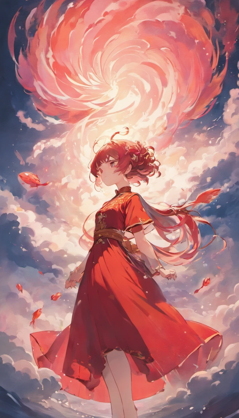 An inky white painting，The painting depicts a lady in an old red dress，There is a huge pink goldfish in the clouds, Made of fog, Dark white and pink, In the style of Li Shuxing, shilin huang, talent, Ethereal form, gigantic scale, Elegant and balanced, Doubleexposure, Cloud effects：1.5，elevation，Faraway view，super detailing，best qualtiy，tmasterpiece，8K，Extremely detailed，Epic artwork，Fine face