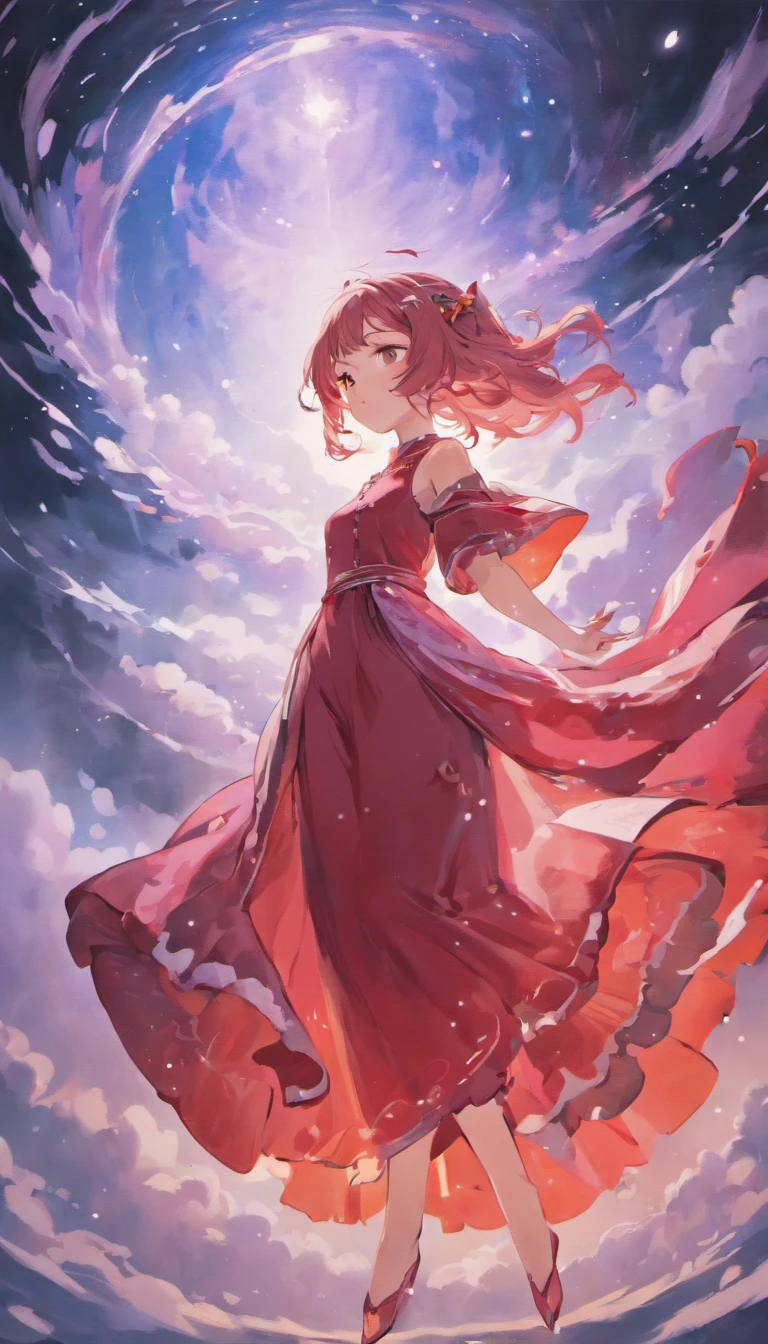 An inky white painting,The painting depicts a lady in an old red dress,There is a huge pink goldfish in the clouds, Made of fog, Dark white and pink, In the style of Li Shuxing, shilin huang, talent, Ethereal form, gigantic scale, Elegant and balanced, Doubleexposure, Cloud effects:1.5,elevation,Faraway view,super detailing,best qualtiy,tmasterpiece,8K,Extremely detailed,Epic artwork,Fine face